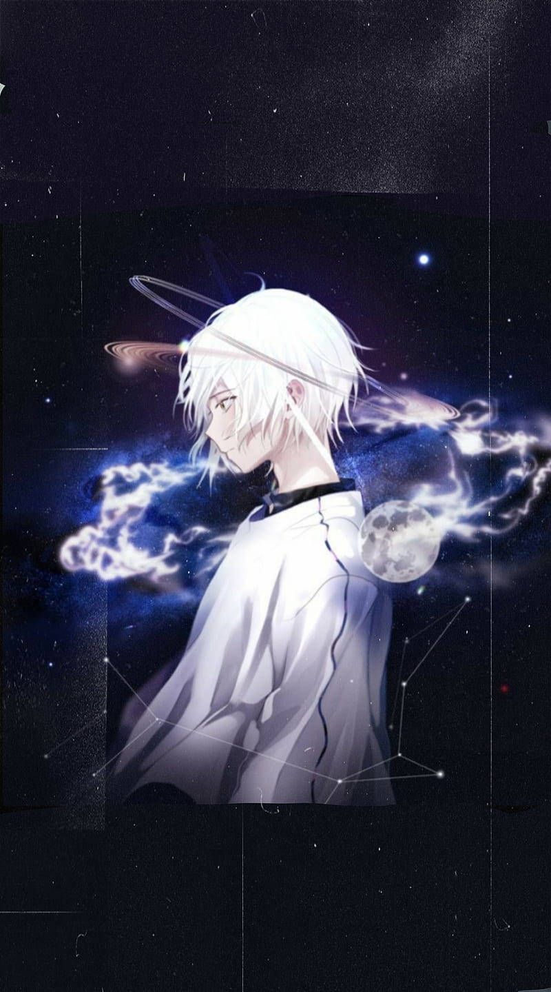 white-haired anime boy, starry cosmic scene, moon, HD Phone Wallpaper