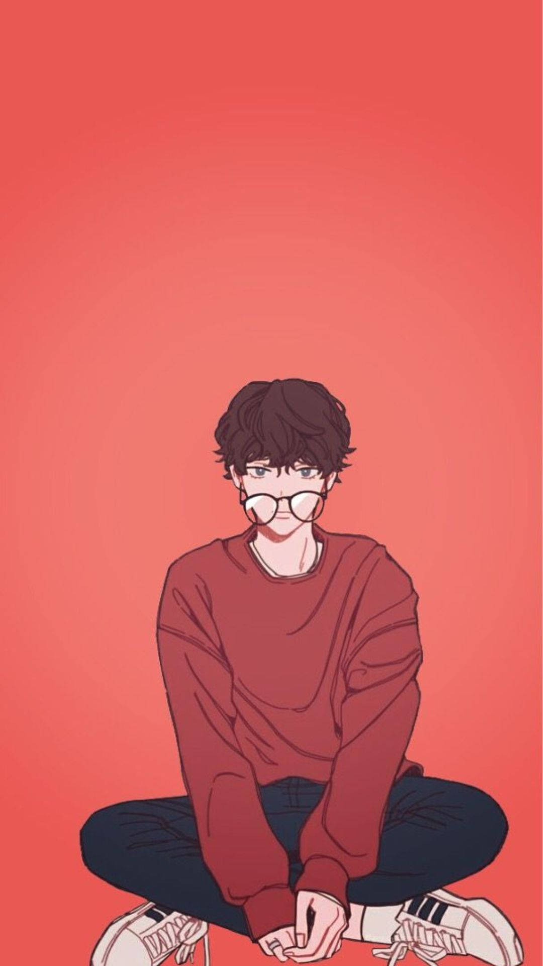 aesthetic anime boy, red orange background, coral background, Full HD Phone Wallpaper