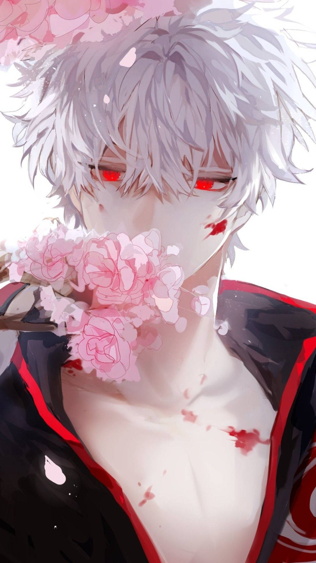 silver-haired anime character, red eyes, pink roses, Full HD Phone Wallpaper