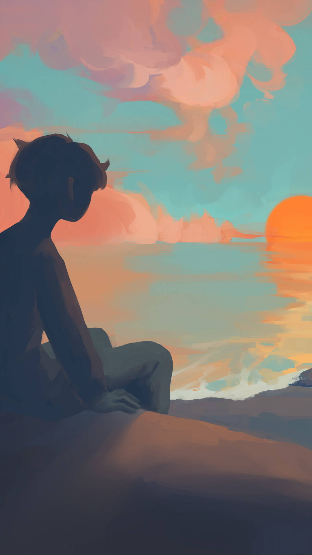 Aesthetic Anime Boy, sunset, rocky shore, Full HD Phone Wallpaper