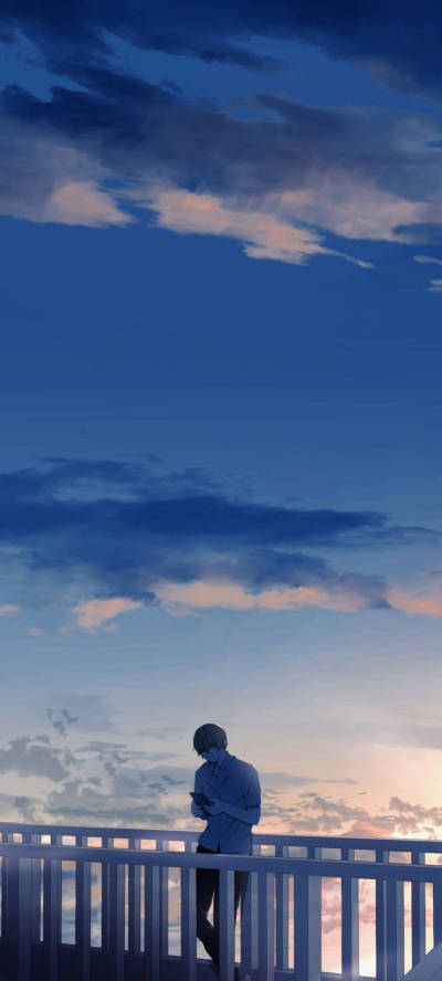 aesthetic anime boy, balcony, twilight sky, SD Phone Wallpaper