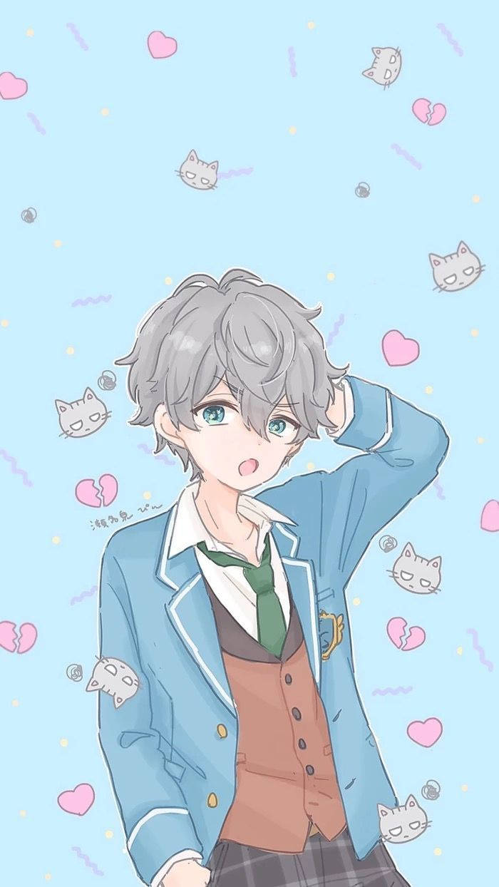 Aesthetic Anime Boy, gray hair, green eyes, SD Phone Wallpaper