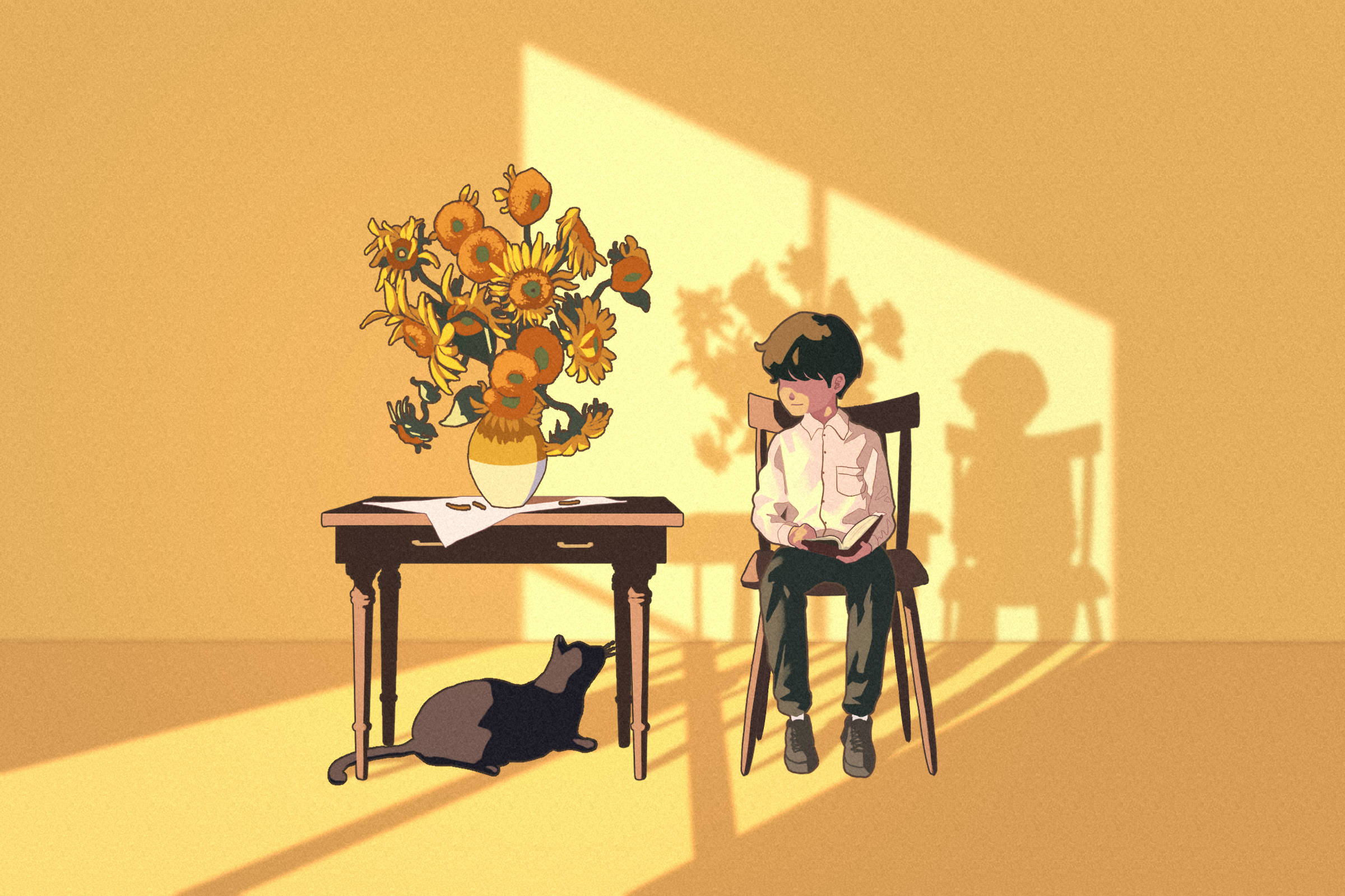 Aesthetic Anime Boy, black cat, wooden table, Full HD Desktop Wallpaper