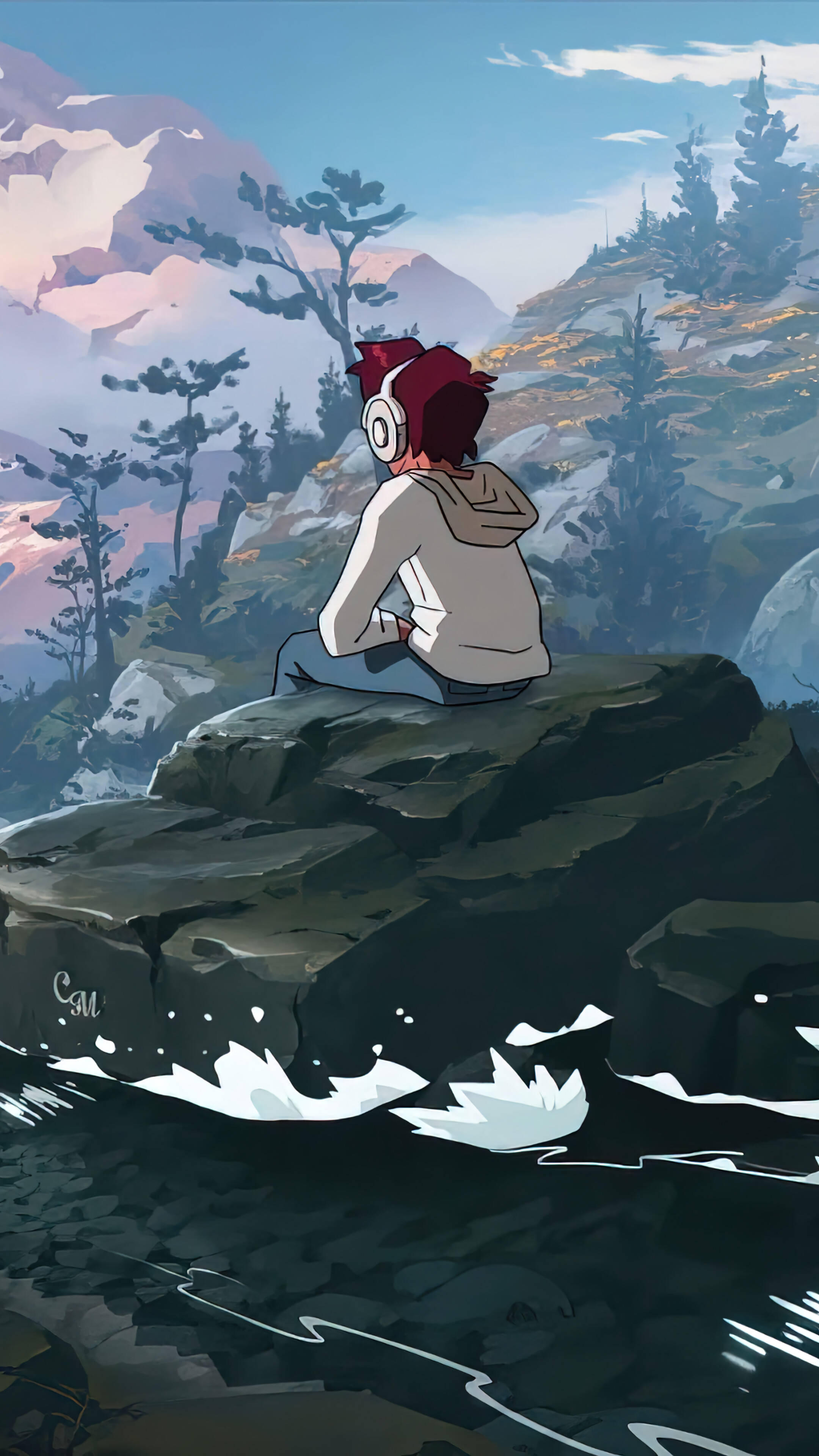 Aesthetic Anime Boy, red-haired anime character, headphones, 4K Phone Wallpaper
