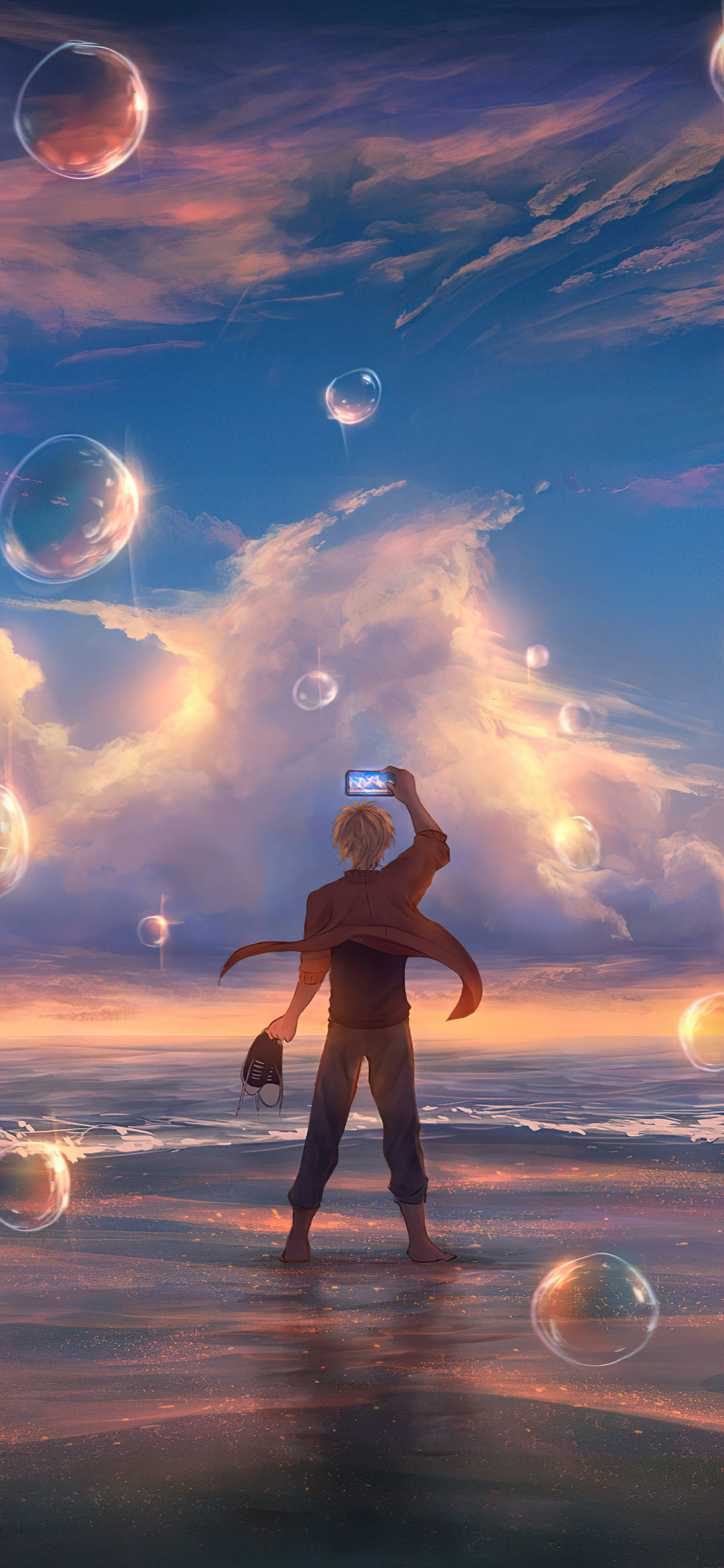 anime boy, beach, sunset, 2K Phone Wallpaper