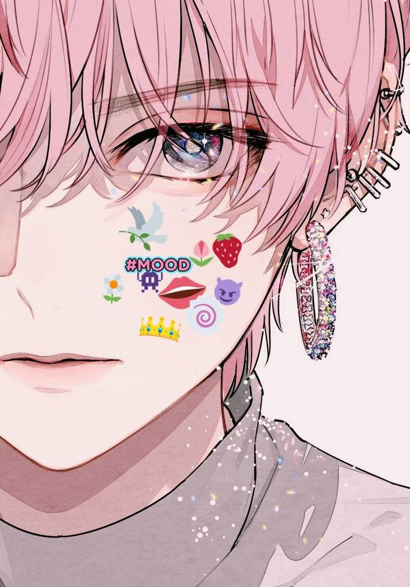 pink-haired teen, galaxy eye, colorful emoji stickers, SD Phone Wallpaper