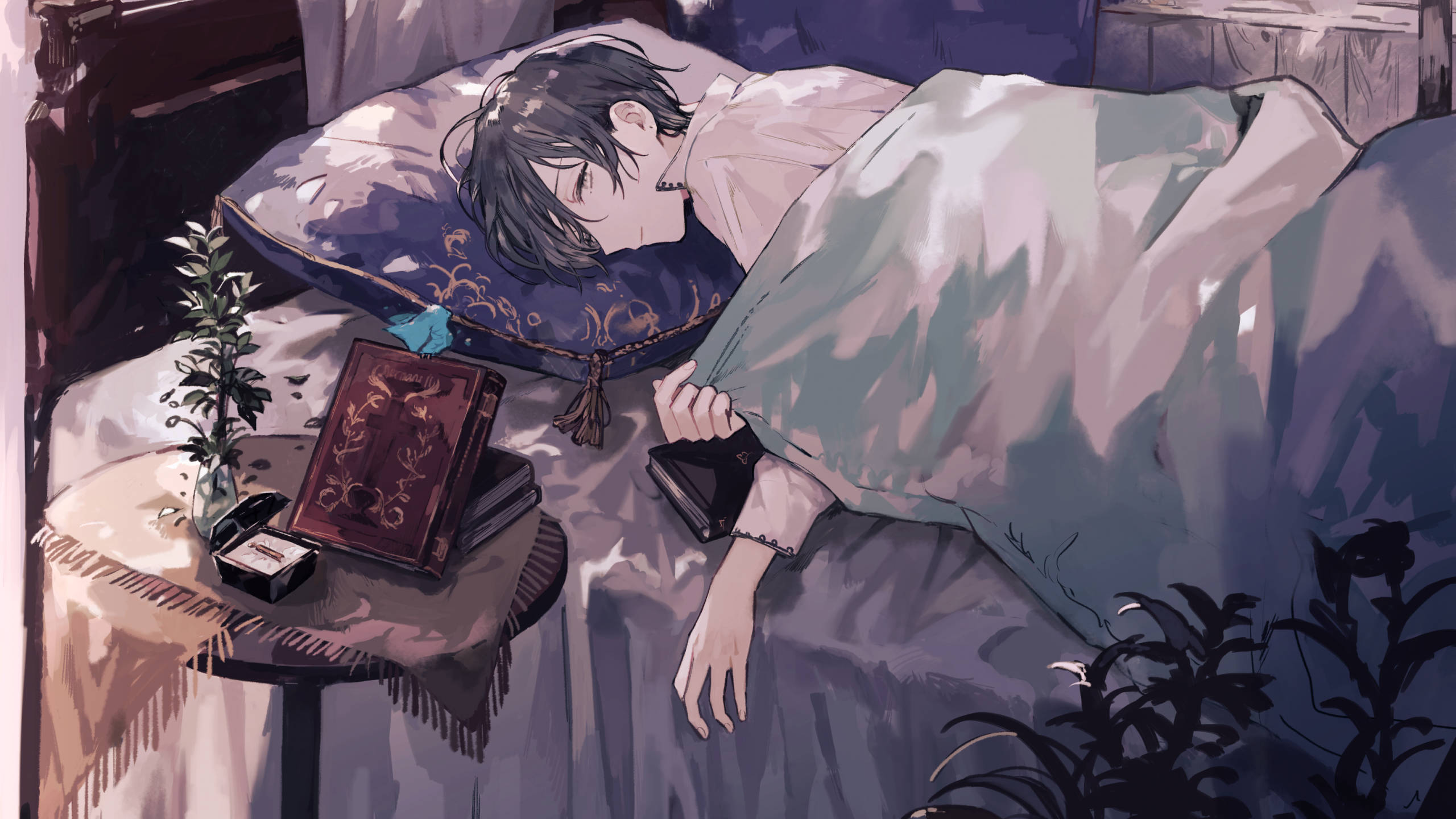 Aesthetic Anime Boy, bedroom, bed, 2K Desktop Wallpaper