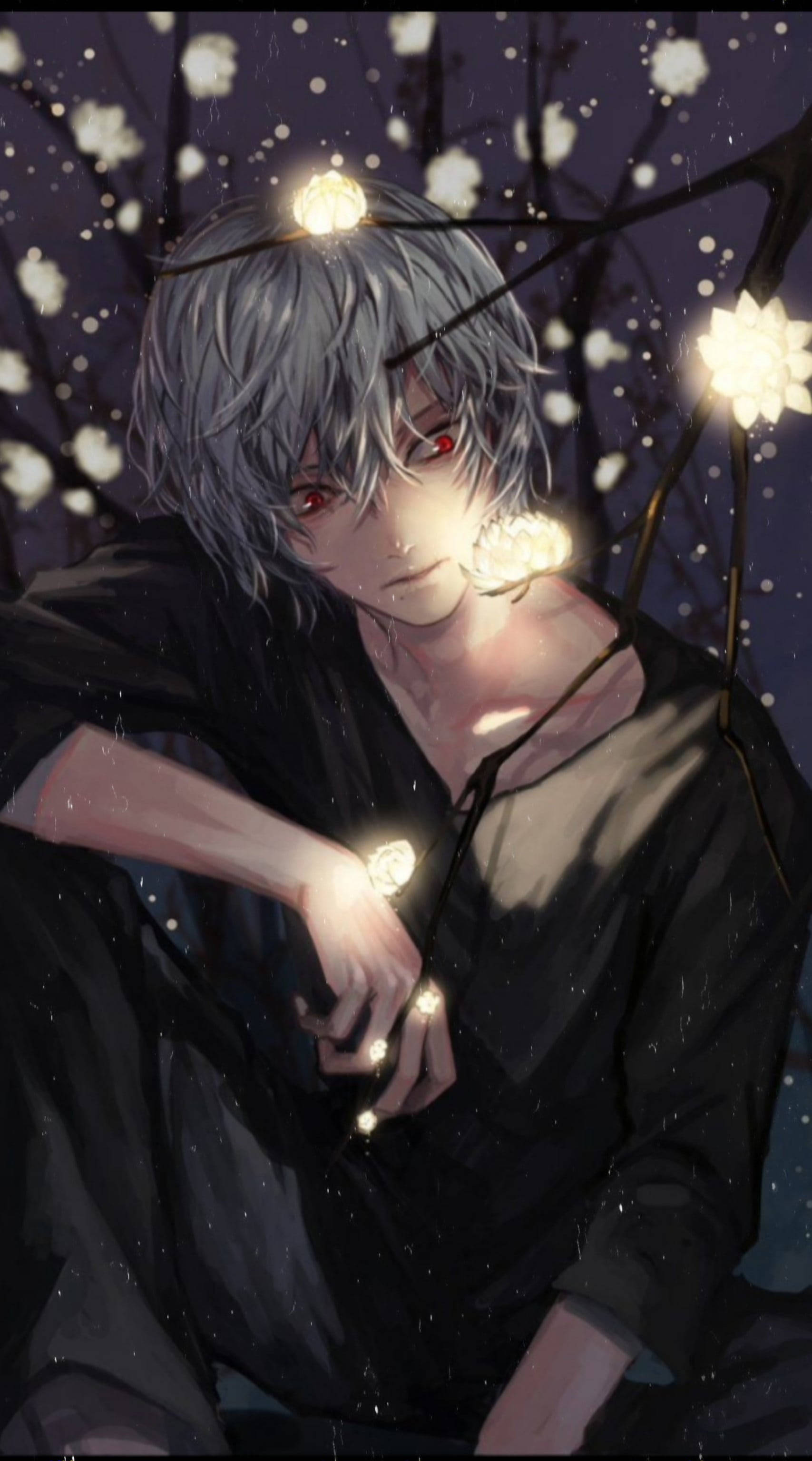 grey haired aesthetic anime boy, silver-haired anime boy, red eyes, 2K Phone Wallpaper