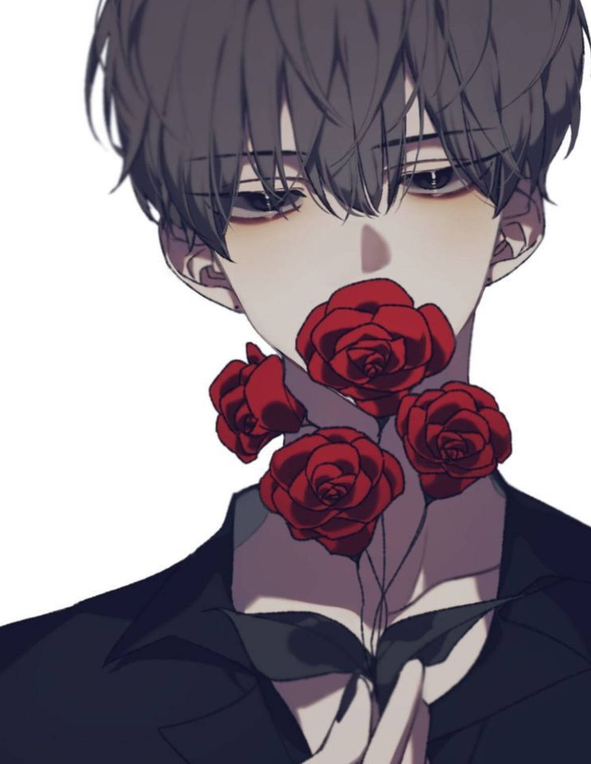 Aesthetic Anime Boy, red roses, dark hair, HD Phone Wallpaper