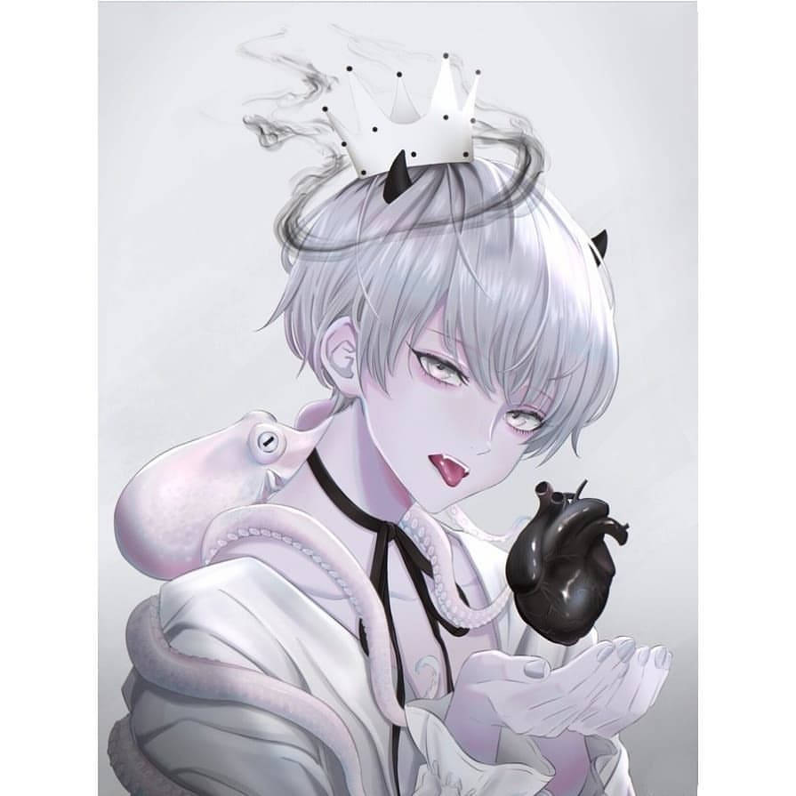 Aesthetic Anime Boy, black heart, silver hair, SD Desktop Wallpaper