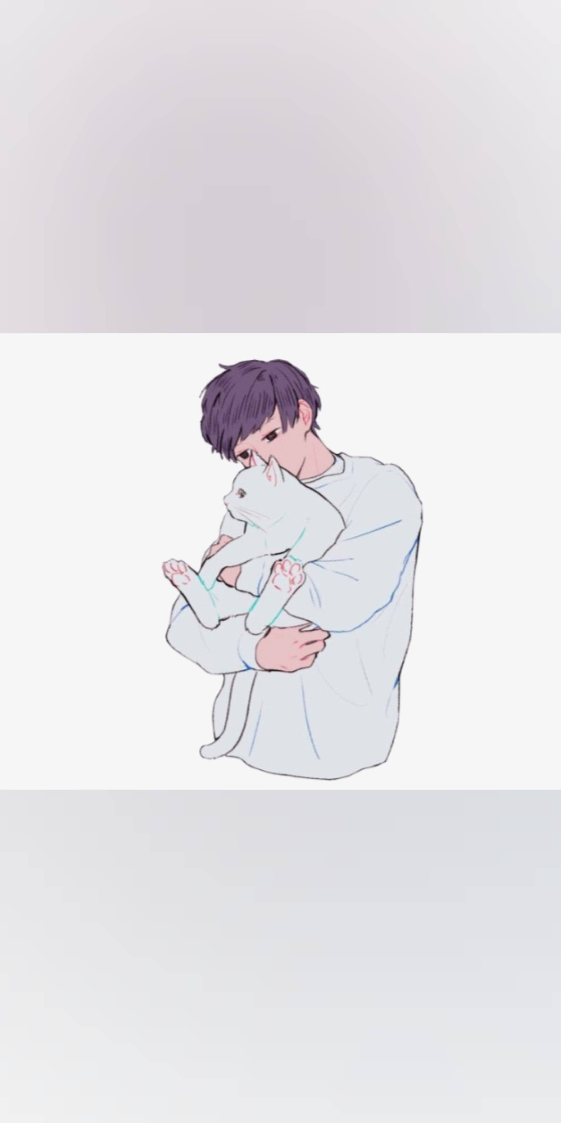 Aesthetic Anime Boy, white cat, purple hair, 4K Phone Wallpaper