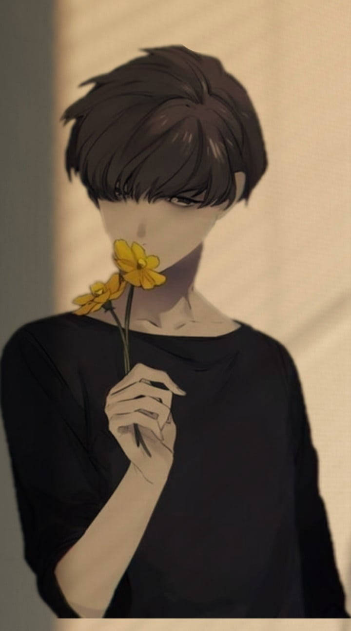 aesthetic anime boy, yellow flower, dark hair, HD Phone Wallpaper