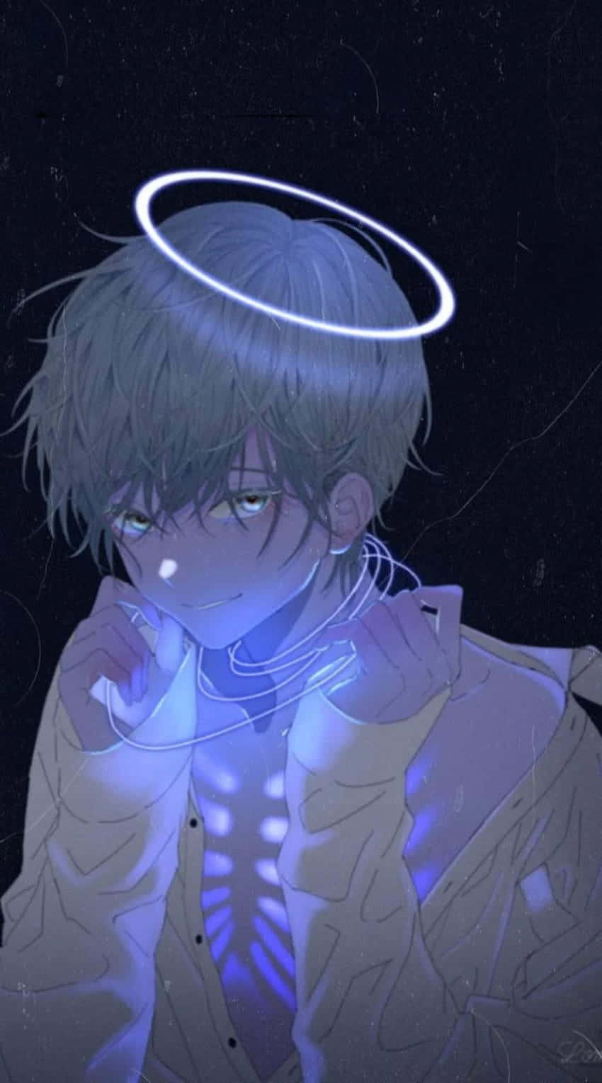 Angelic Anime Boy, halo, glowing wires, HD Phone Wallpaper