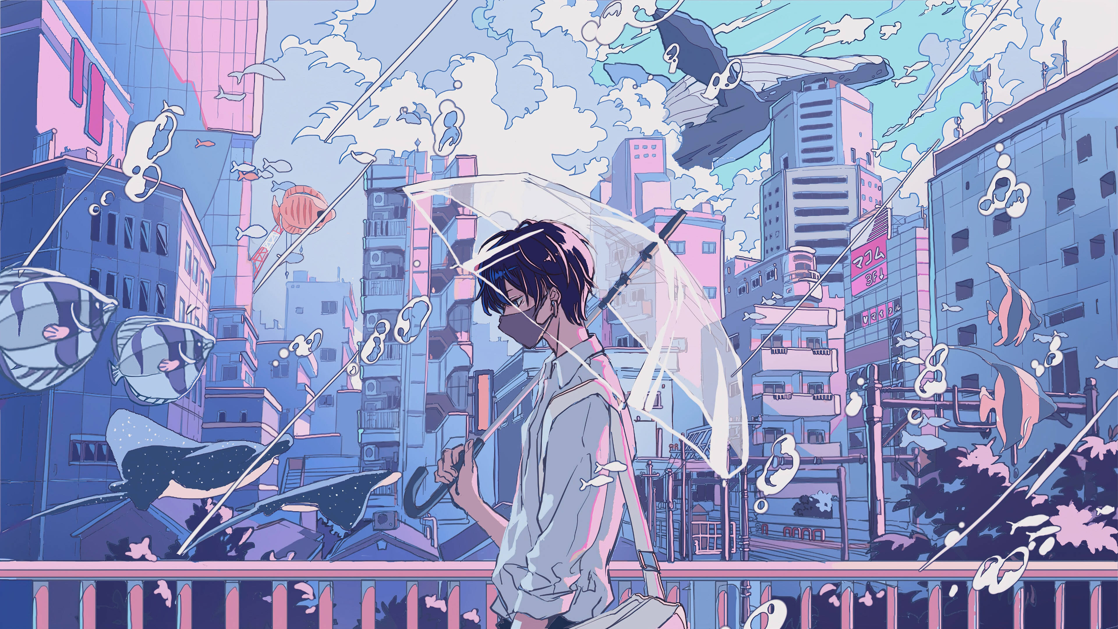 aesthetic anime boy, purple aquarium, surreal cityscape, 4K Desktop Wallpaper