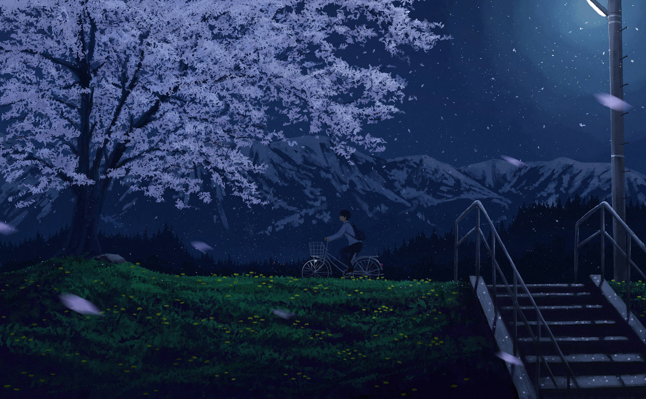 Aesthetic Anime Boy, cherry tree, snow-capped mountains, Full HD Desktop Wallpaper