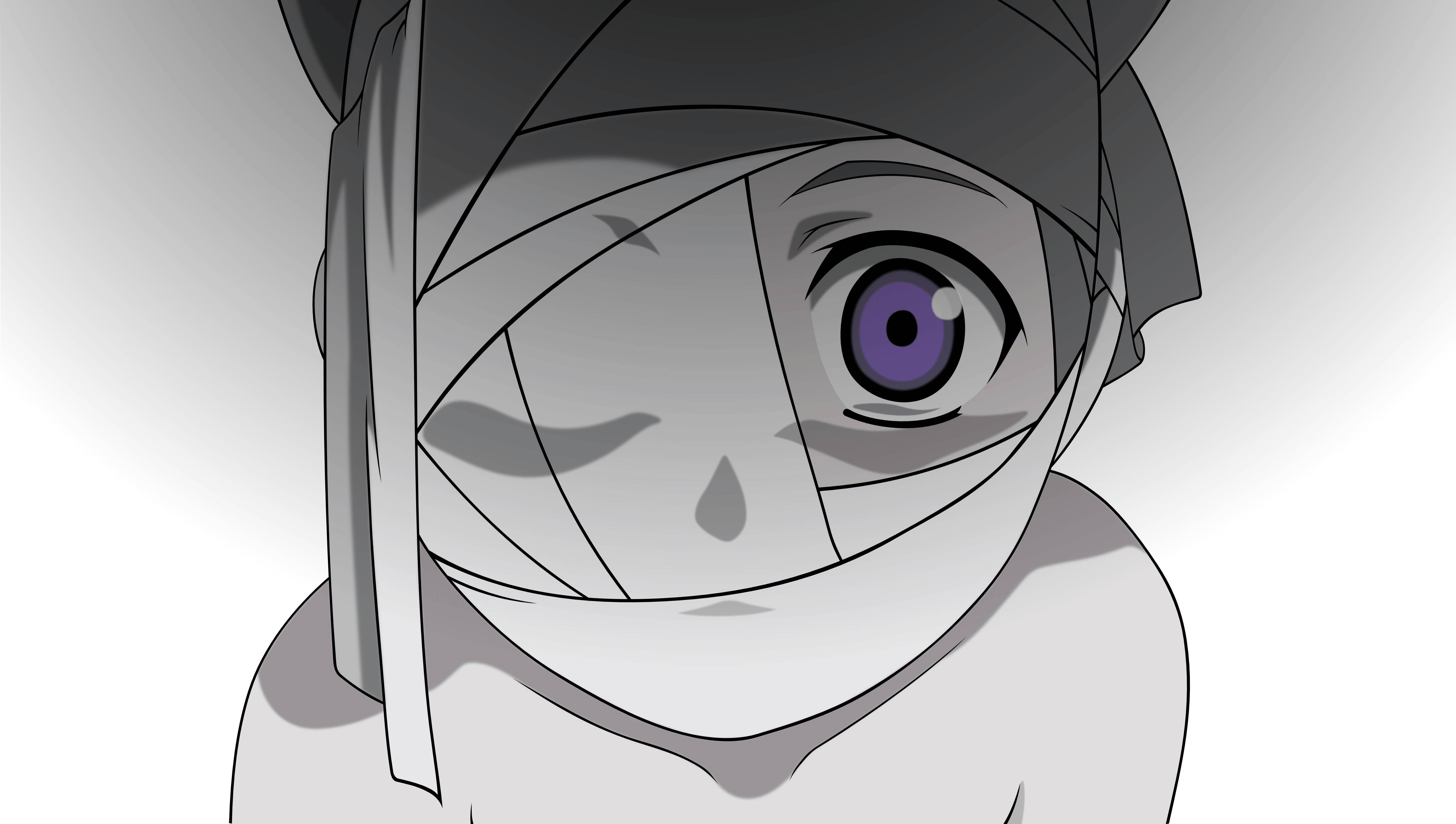 anime boy with head bandages, one eye wrapped in bandages, vivid purple iris, 4K Desktop Wallpaper