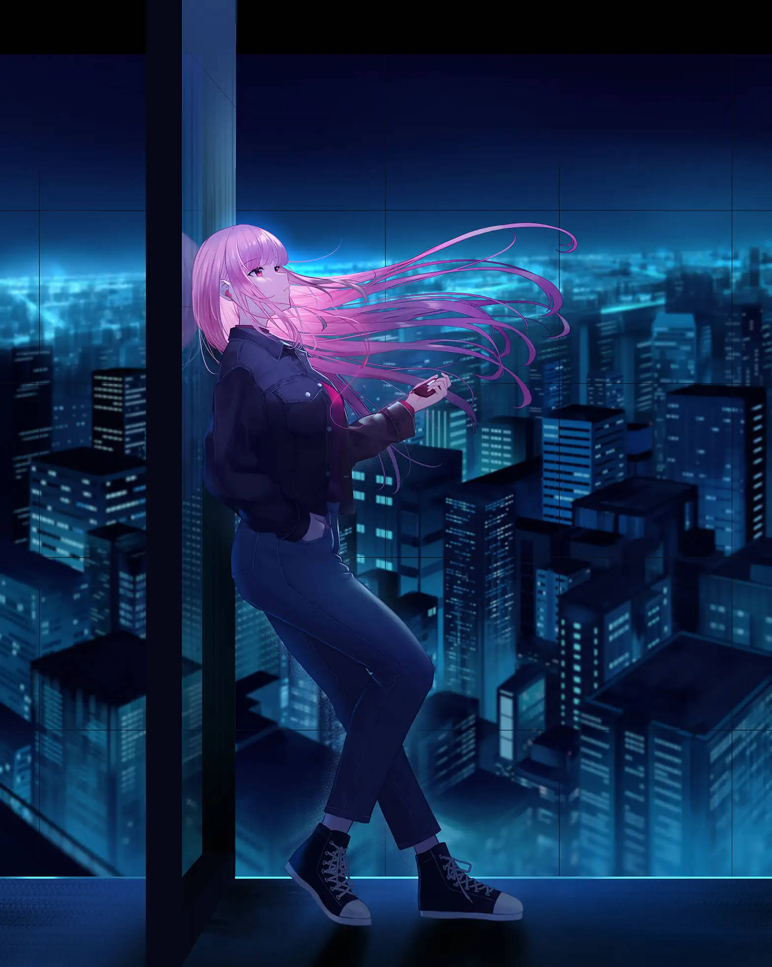 Aesthetic Anime City, pink-haired anime girl, glass wall, Full HD Phone Wallpaper