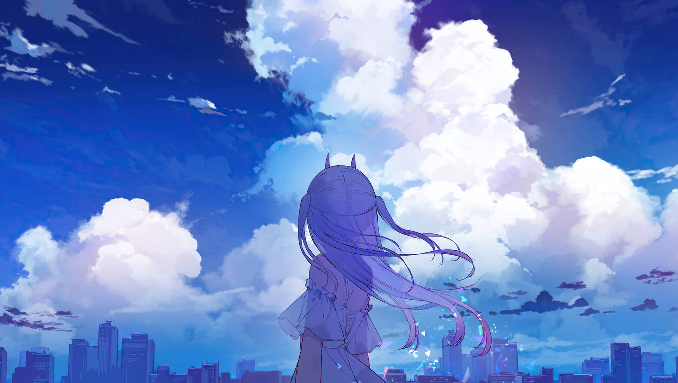 purple-haired anime girl, cat ears, vibrant blue sky, HD Desktop Wallpaper