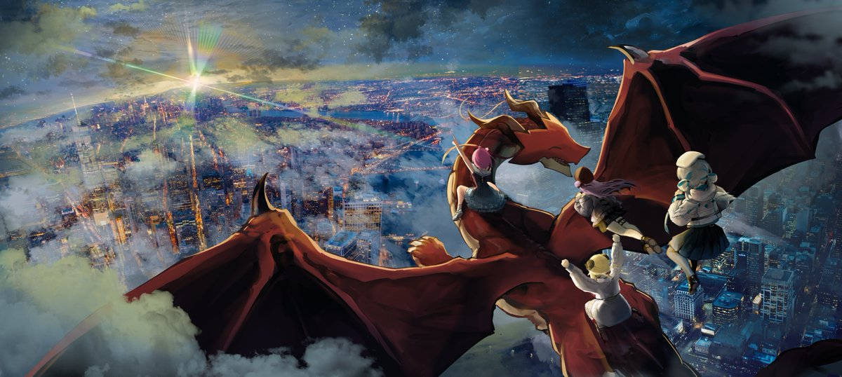 Aesthetic Anime City, red dragon, cityscape, SD Desktop Wallpaper