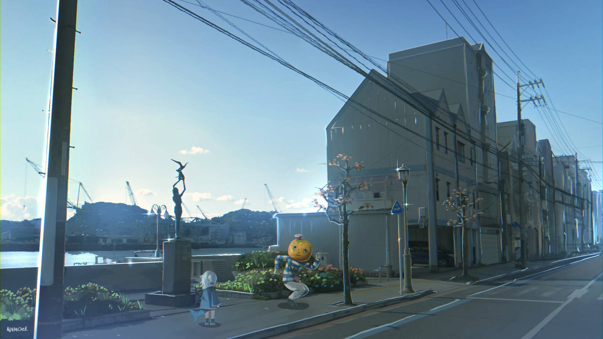 Aesthetic Anime City, shark girl, yellow-headed character, Full HD Desktop Wallpaper