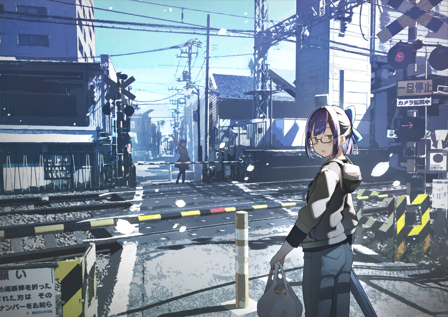 Aesthetic Anime City, train crossing, Japanese railway crossing, HD Desktop Wallpaper