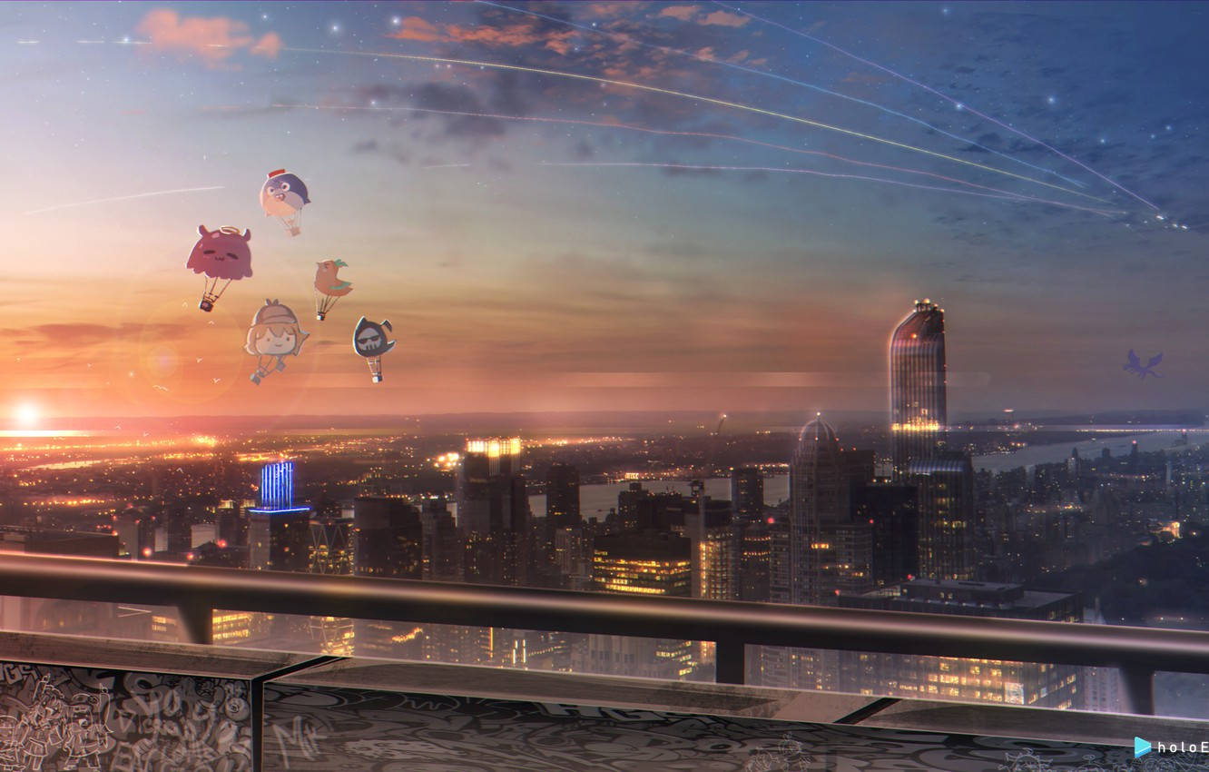 Aesthetic Anime City, hot air balloons, sunset, HD Desktop Wallpaper