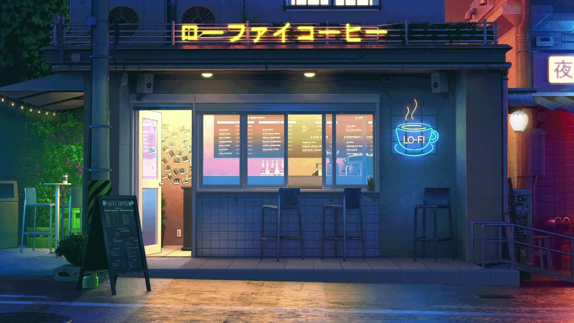 neon-lit coffee shop, night, glowing signs, Full HD Desktop Wallpaper