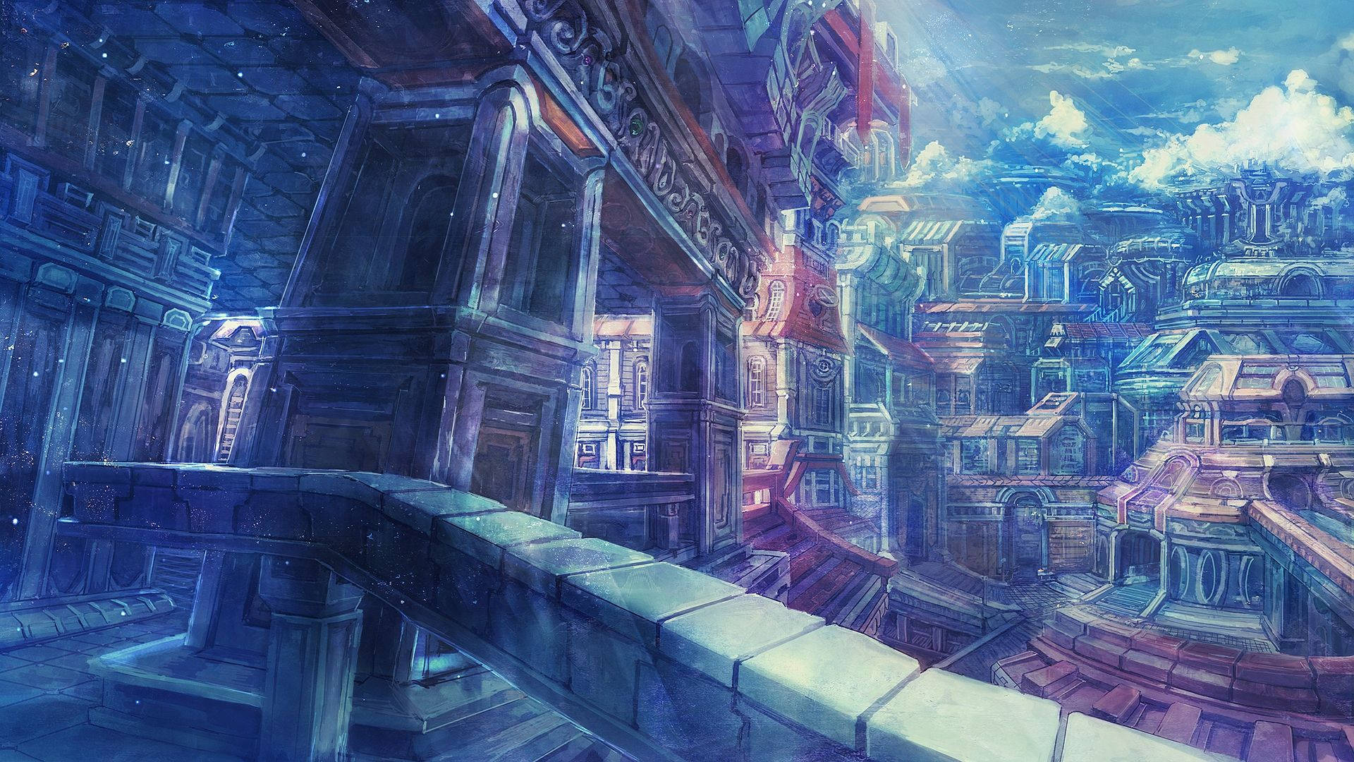 Anime City, starry sky, glowing clouds, Full HD Desktop Wallpaper