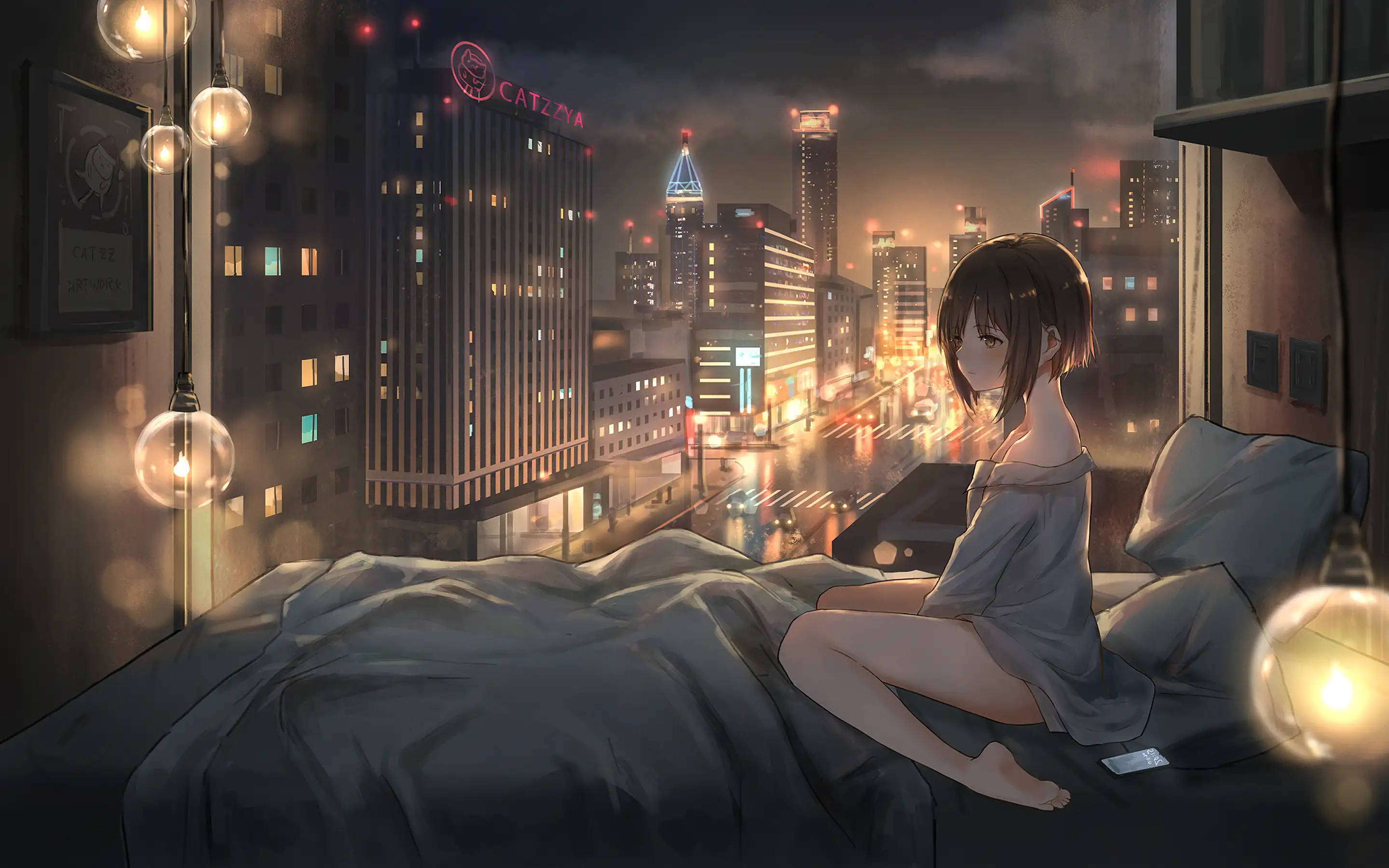 Aesthetic Anime City, young anime girl, bed, 2K Desktop Wallpaper