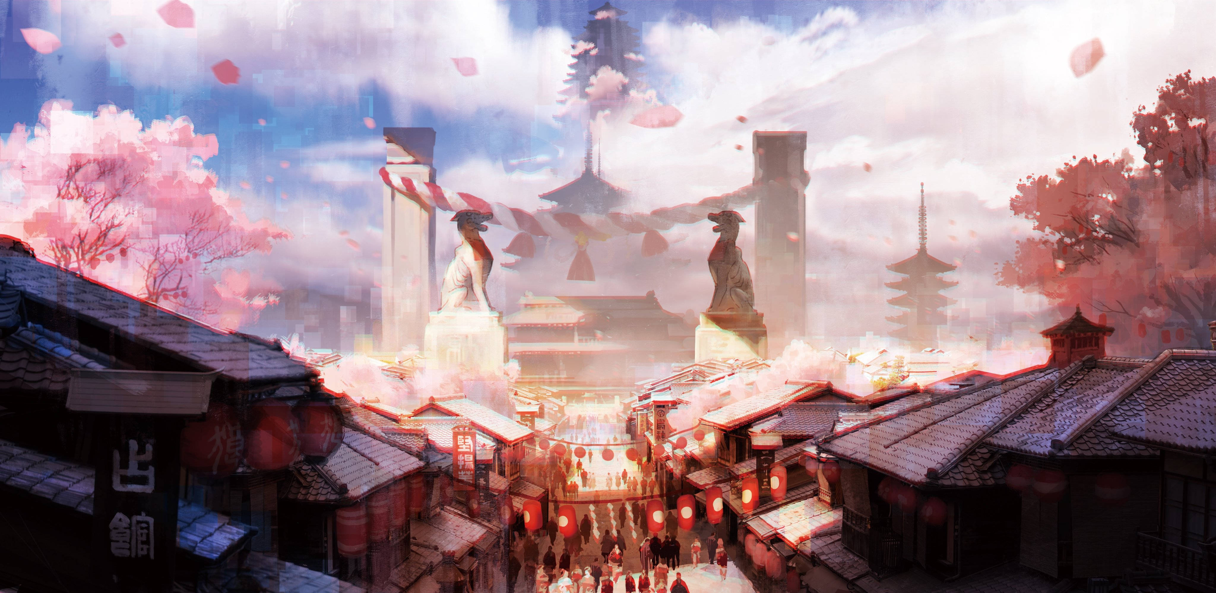 Japanese Themed Aesthetic Anime City, anime-style street, traditional Japanese town, 4K Desktop Wallpaper