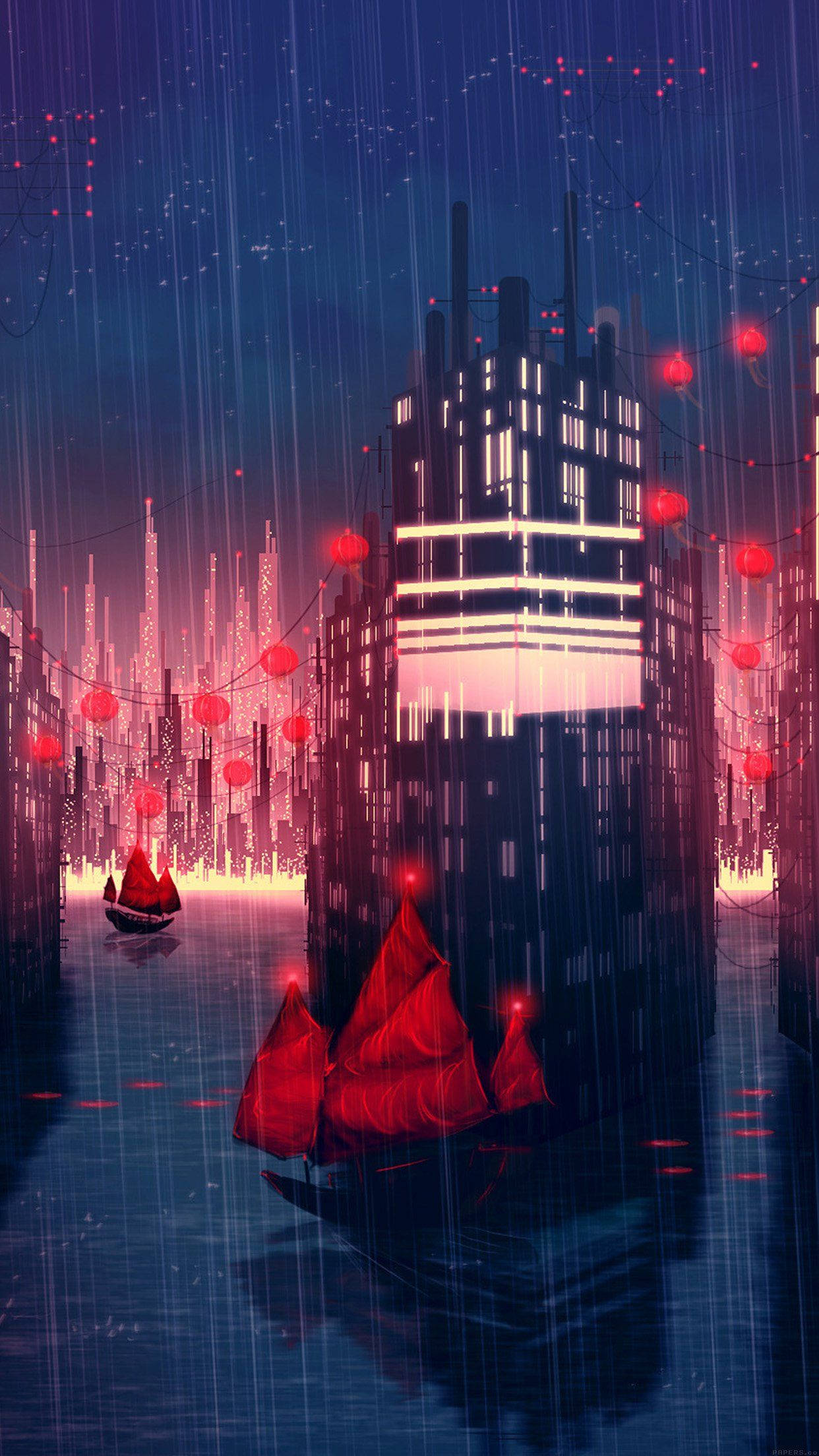 rainy anime city art mobile, anime city, neon-lit futuristic cityscape, Full HD Phone Wallpaper