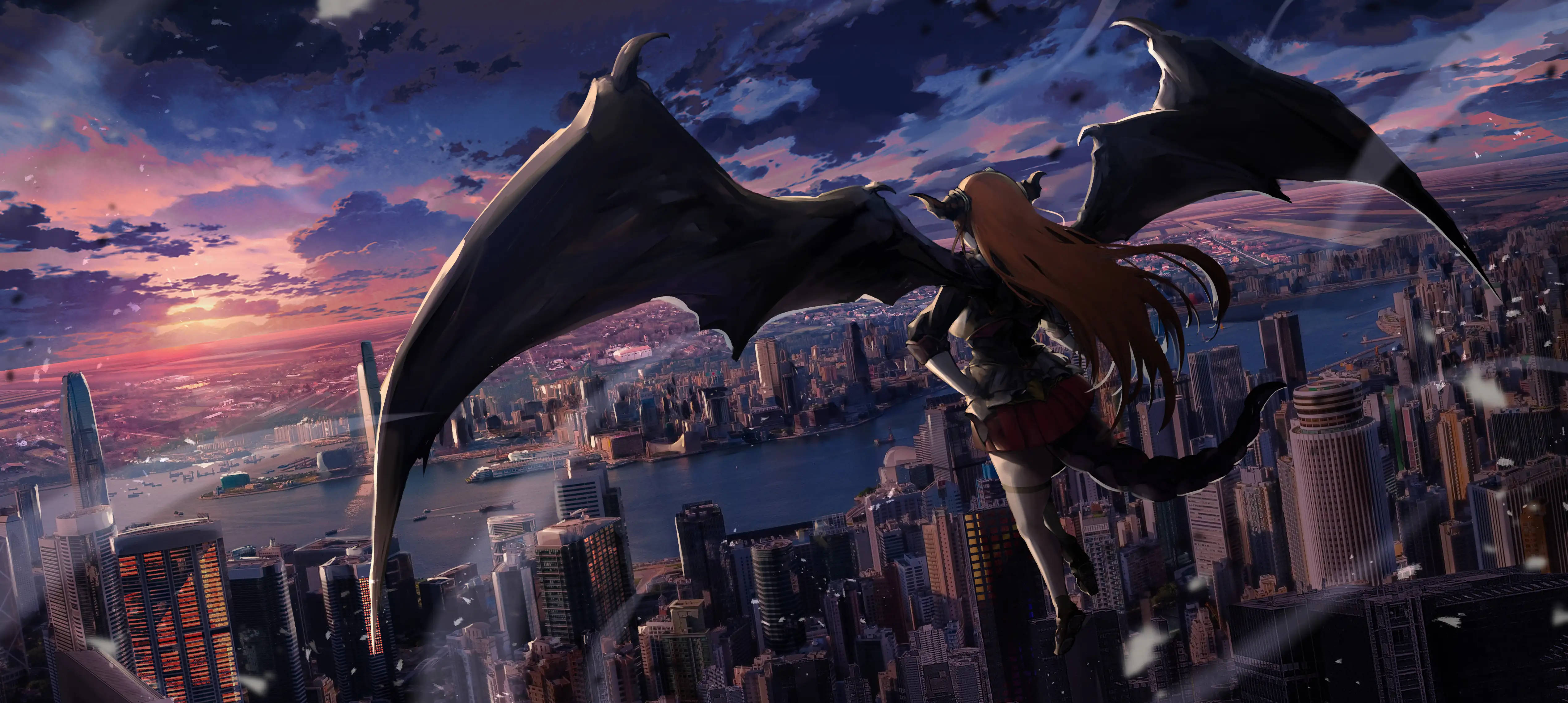 dragon girl, bat-winged anime girl, sprawling cityscape, 4K Desktop Wallpaper