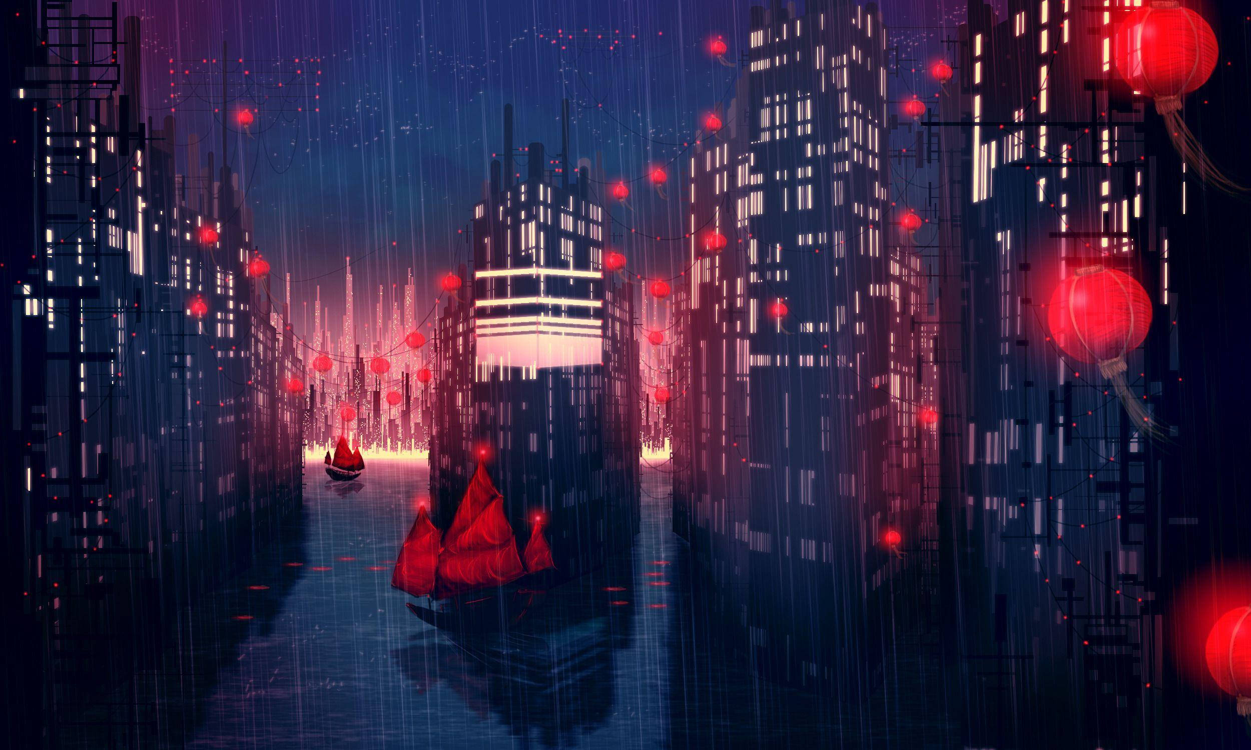 Japanese anime city landscape, rainy futuristic cityscape, night, Full HD Desktop Wallpaper