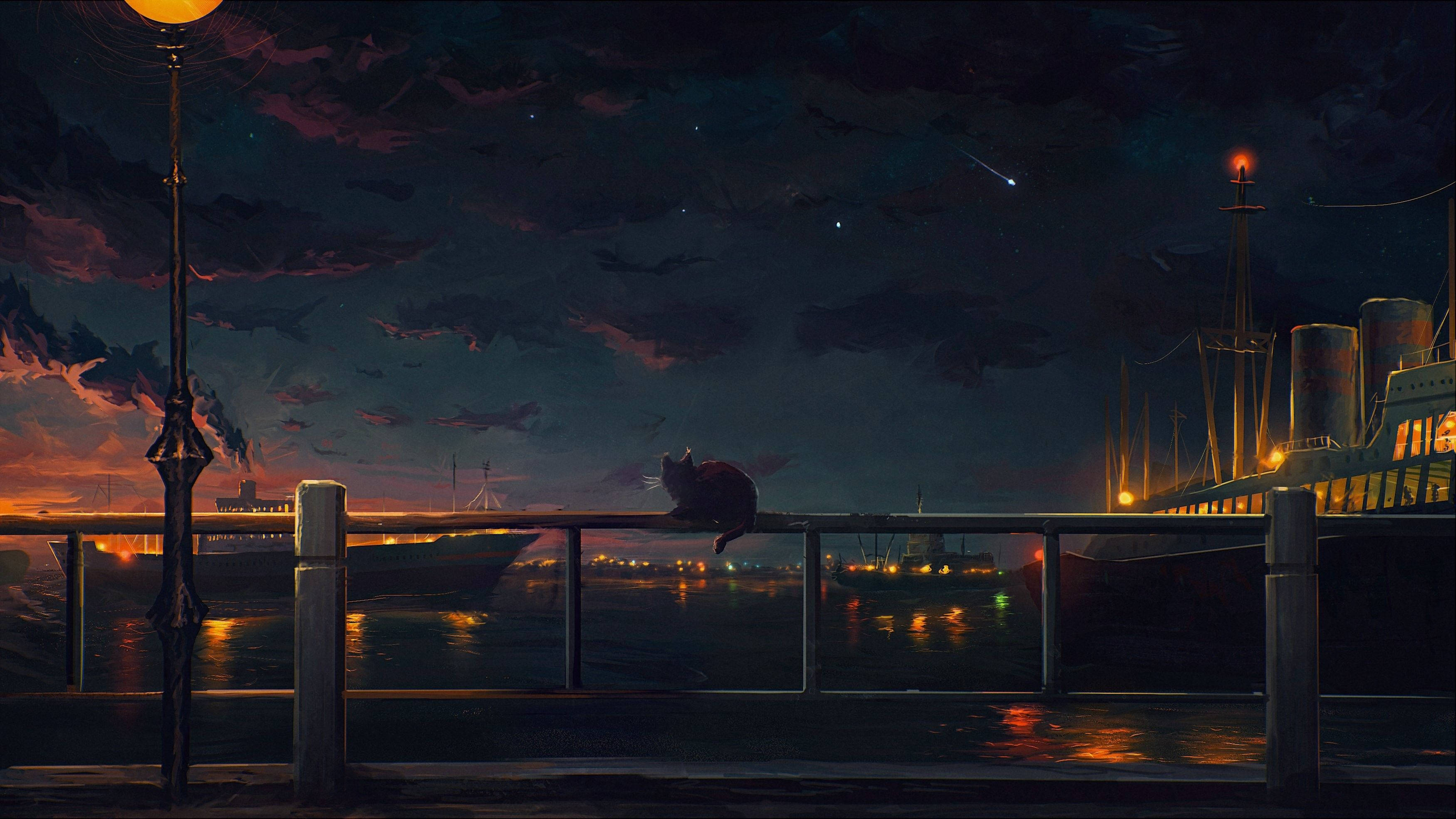 Anime City, harbor, twilight, 2K Desktop Wallpaper
