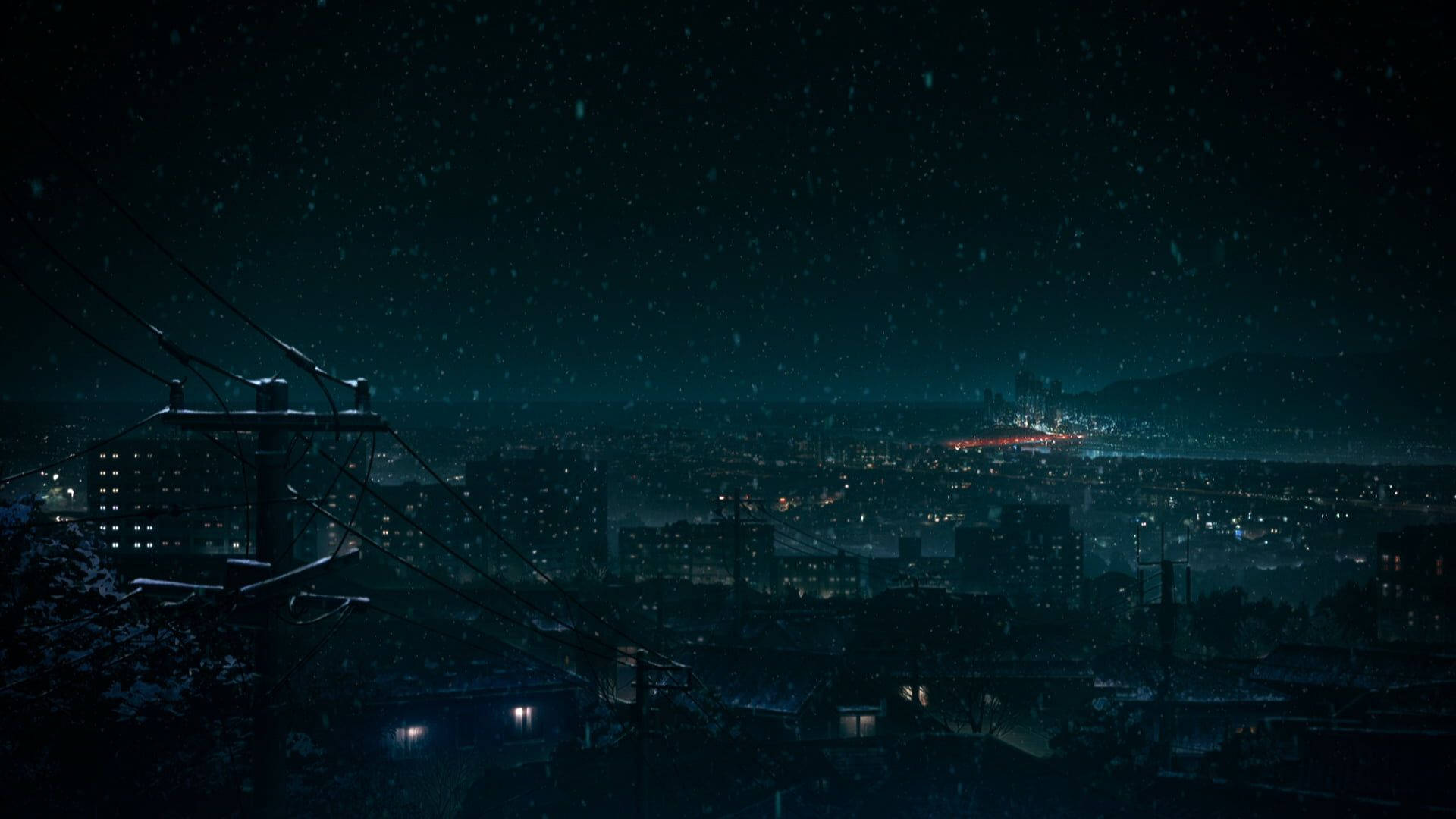 Anime Night City, snow, cityscape at night, Full HD Desktop Wallpaper