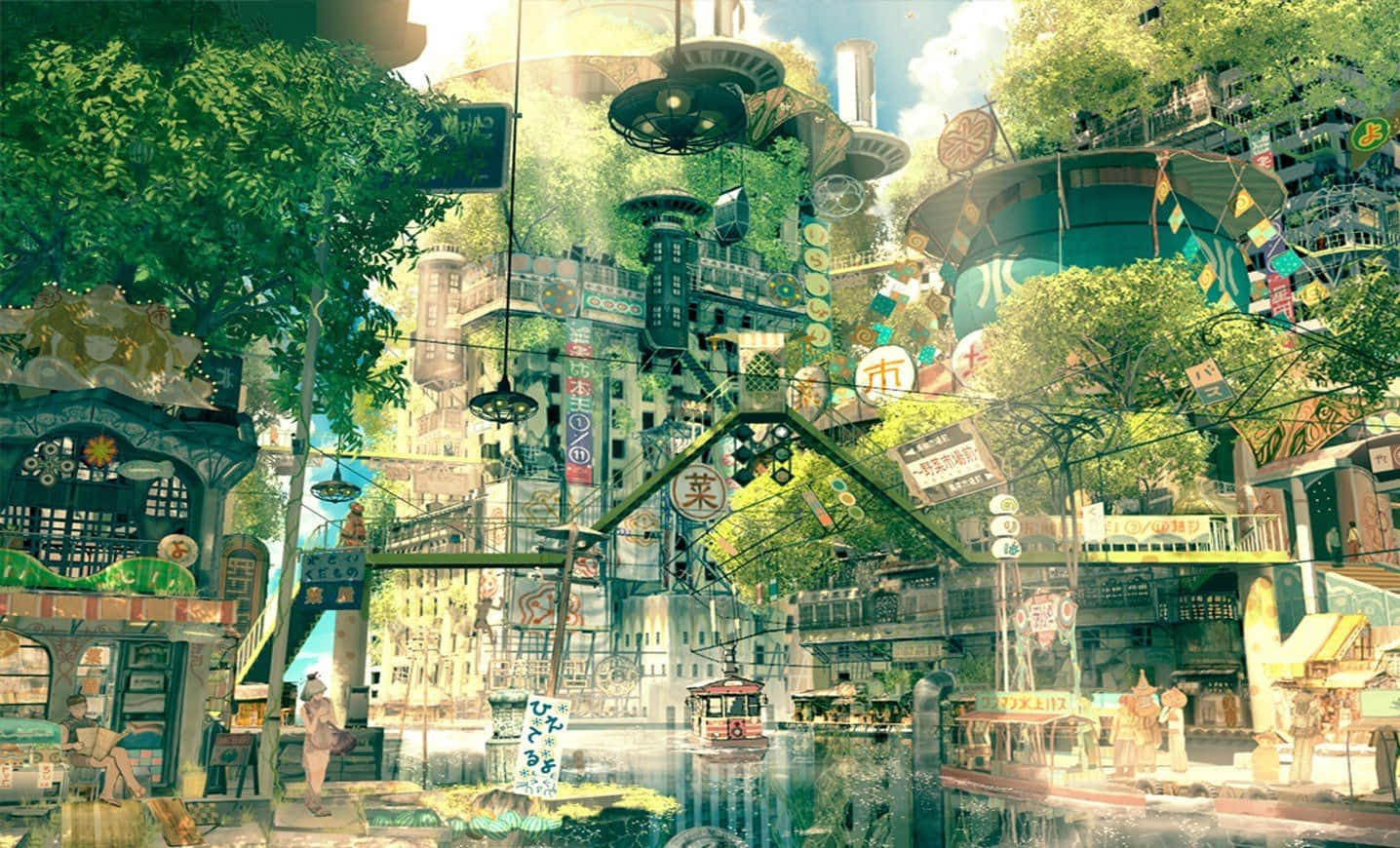 anime-style cityscape, lush green trees, vines, HD Desktop Wallpaper