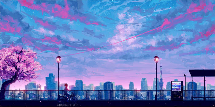 Anime City Landscape Aesthetic Mac, cherry blossom tree, vibrant pink and blue twilight sky, SD Desktop Wallpaper