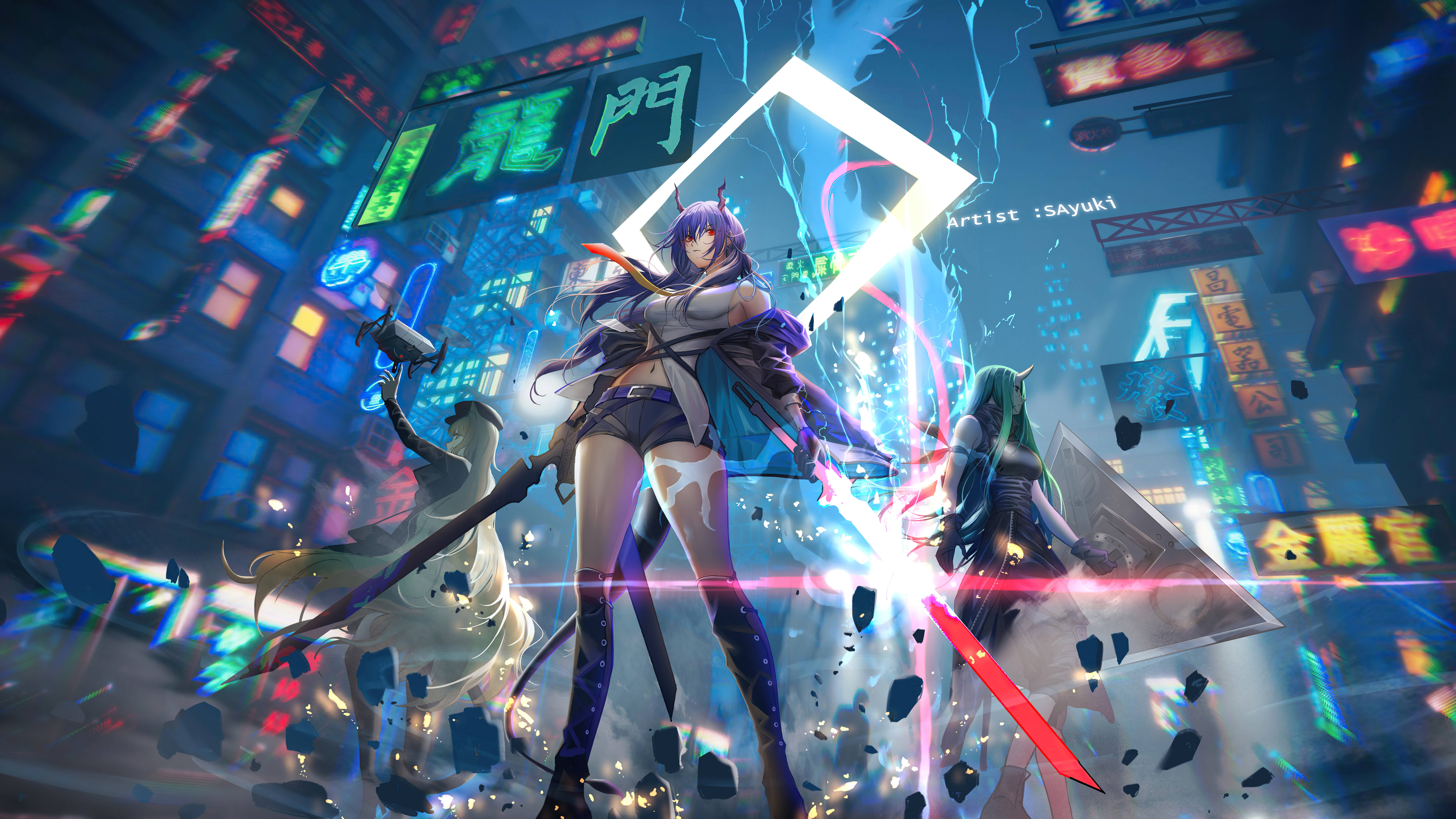 anime girls, neon-drenched cyberpunk cityscape, glowing signs, 8K Desktop Wallpaper
