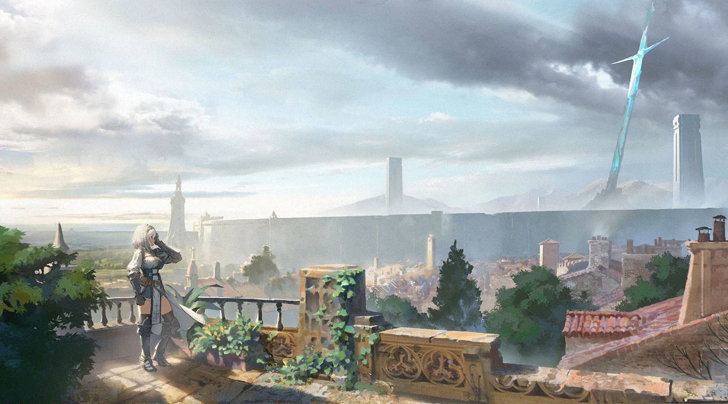 fantasy aesthetic anime city, armored warrior, stone balcony, HD Desktop Wallpaper