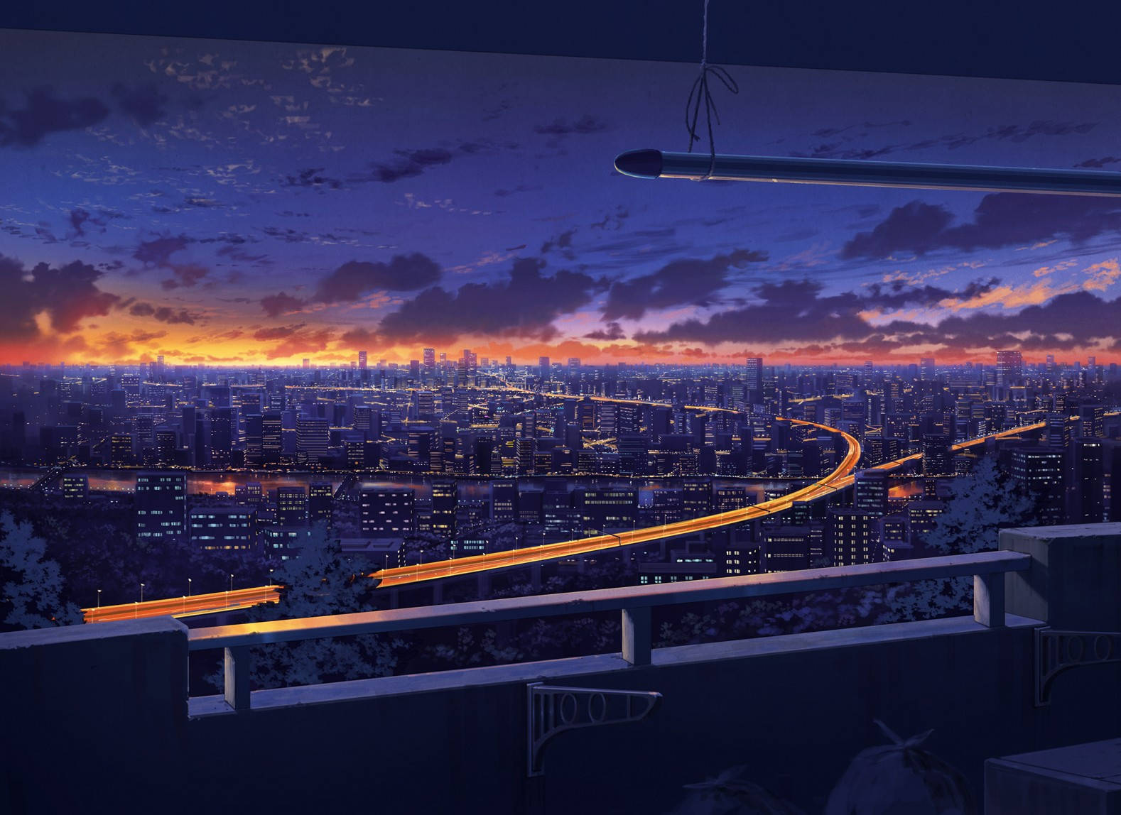 anime night city, dusk, glowing highways, HD Desktop Wallpaper