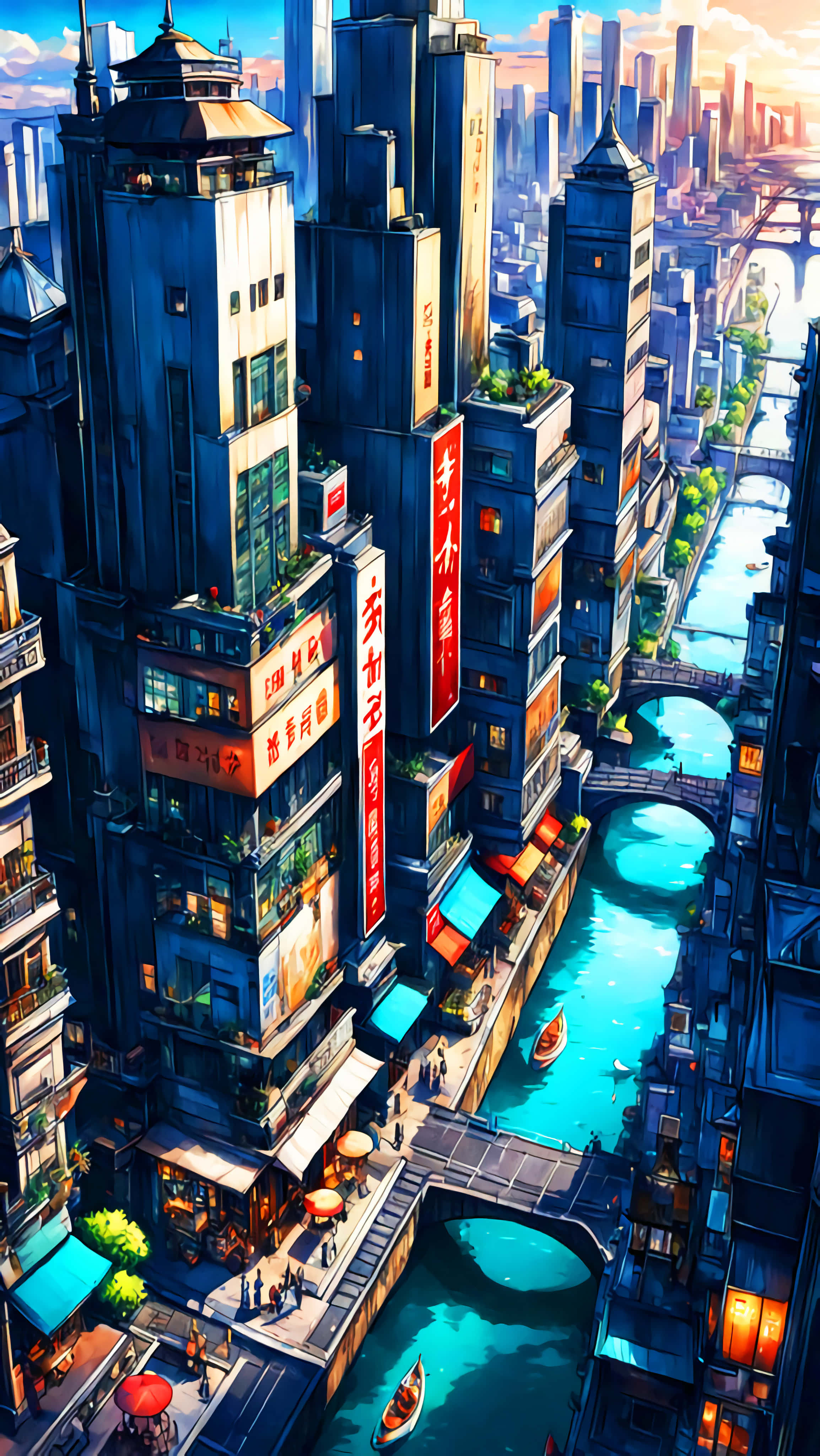 Colorful Anime village, aerial view, futuristic city, 4K Phone Wallpaper