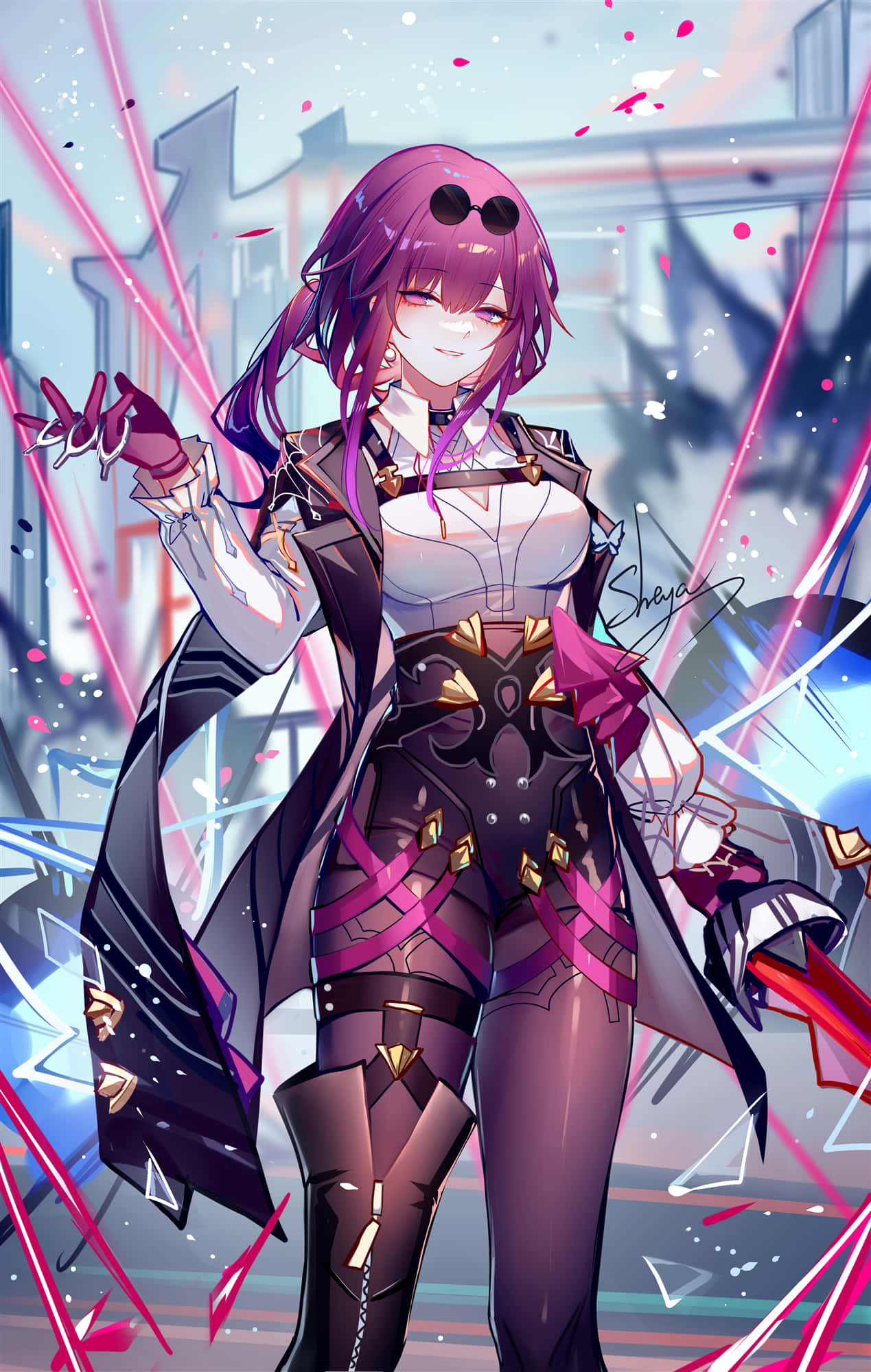 anime girl, purple hair, sunglasses, Full HD Phone Wallpaper