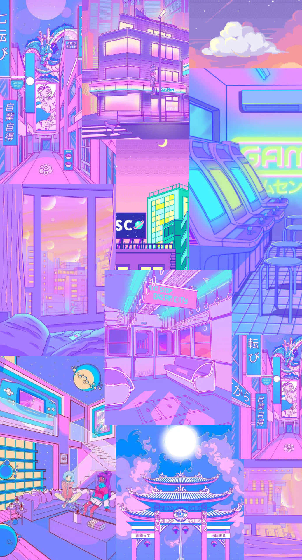 pastel retro anime cityscape, neon pink and purple, cyberpunk cityscape, Full HD Phone Wallpaper