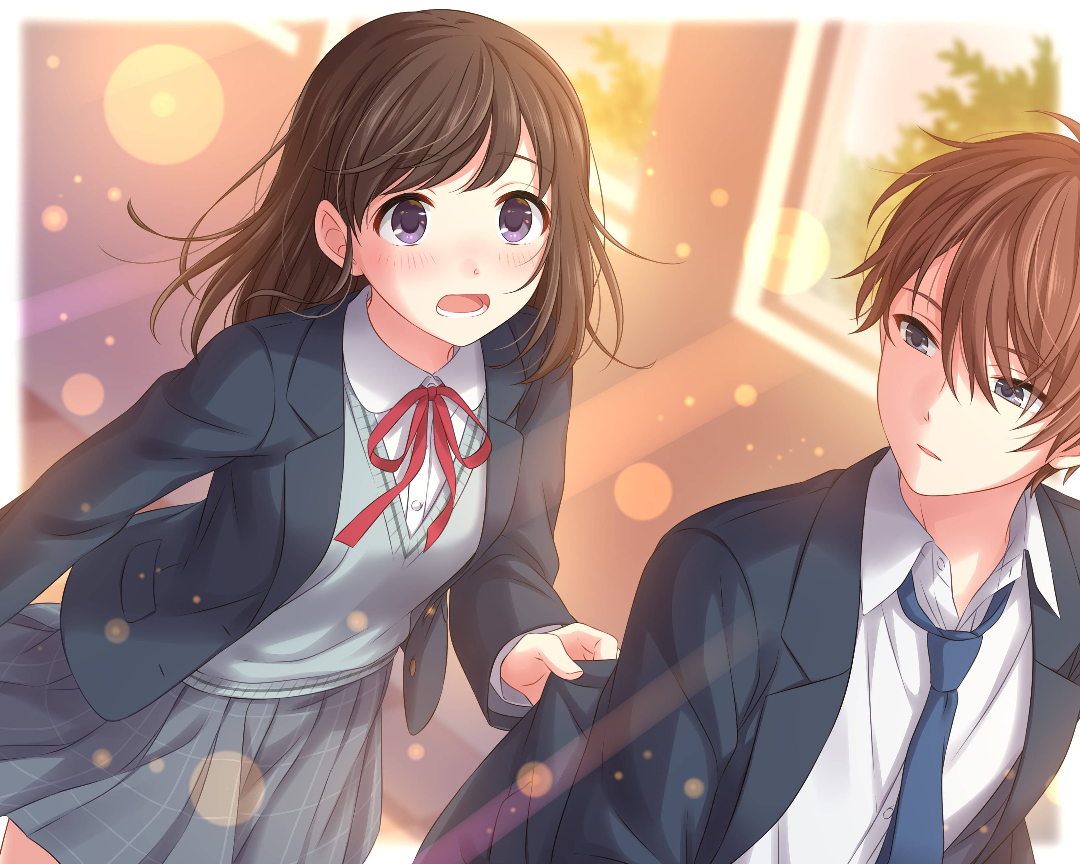 High School Aesthetic Anime Couple, school uniforms, golden bokeh lights, 2K Desktop Wallpaper