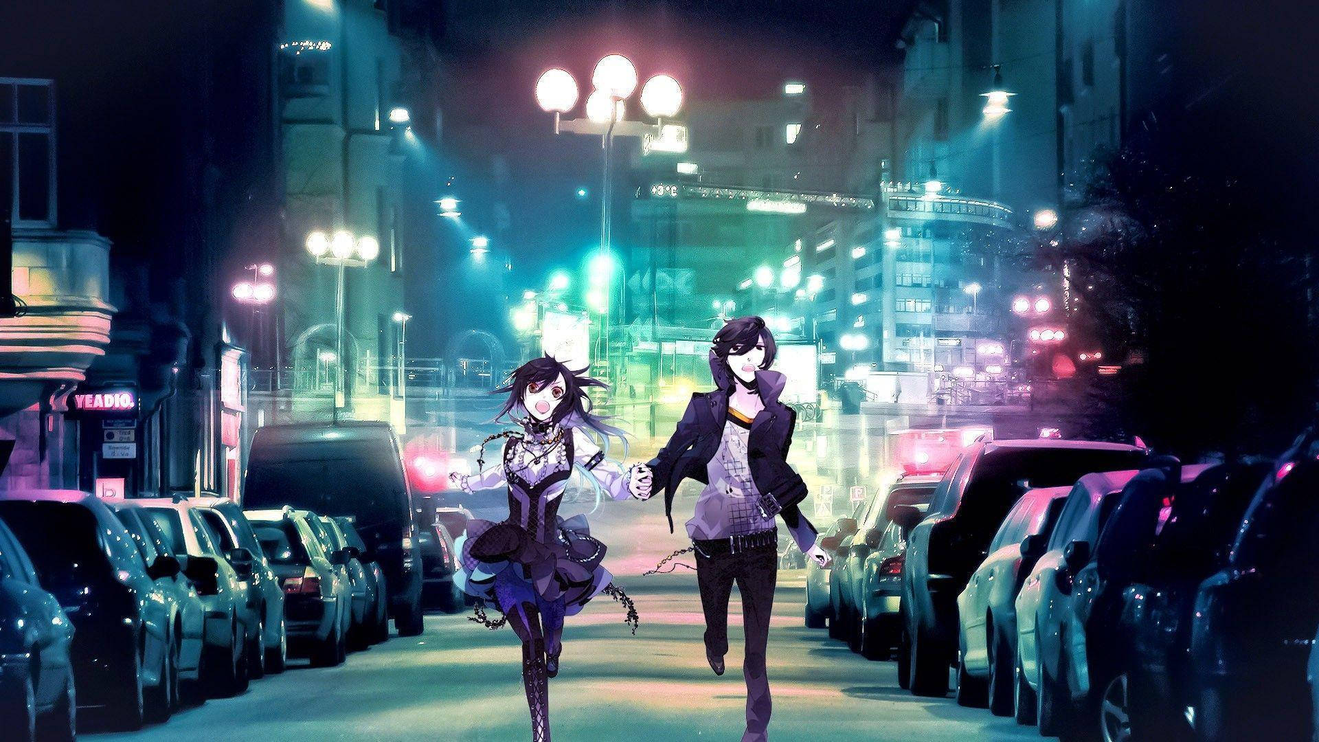 Aesthetic Anime Couple, neon-lit city street, night, Full HD Desktop Wallpaper