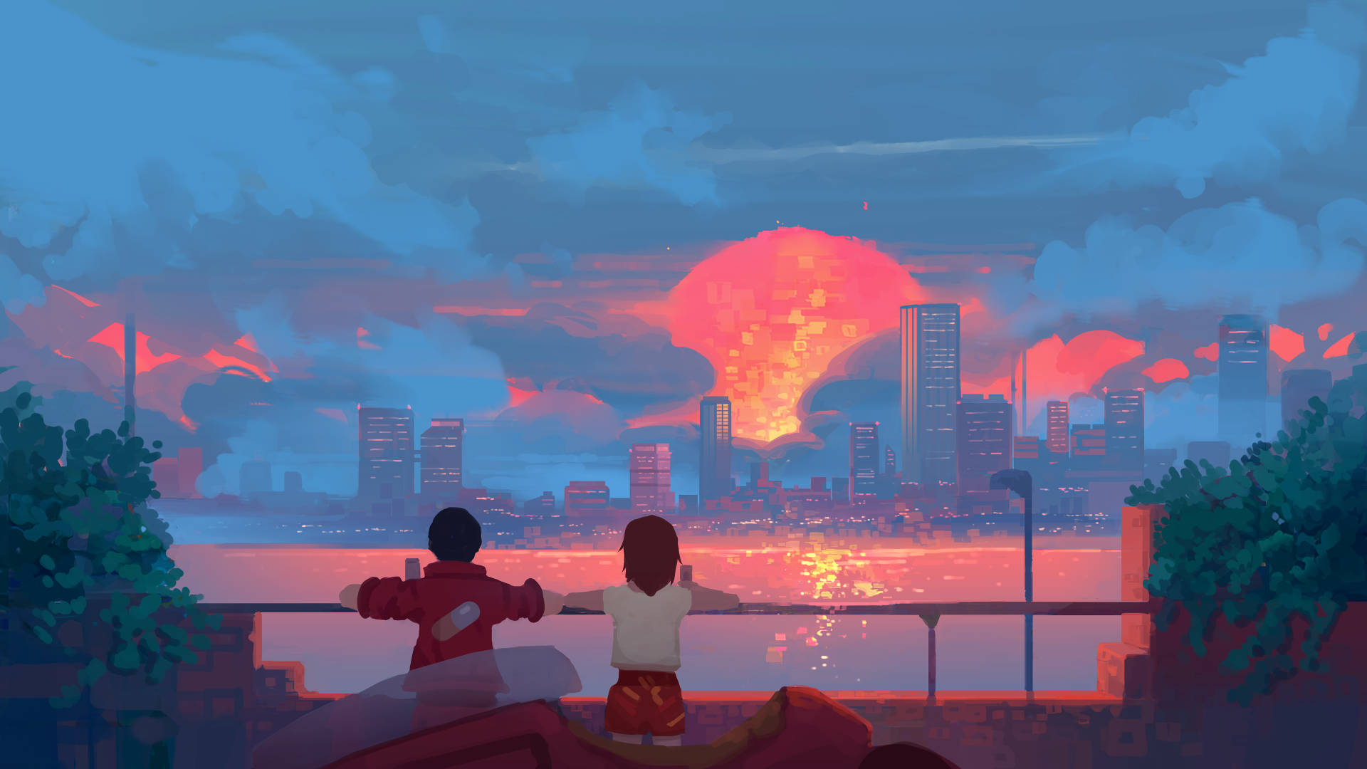 sunset aesthetic anime couple, futuristic cityscape, glowing skyscrapers, Full HD Desktop Wallpaper