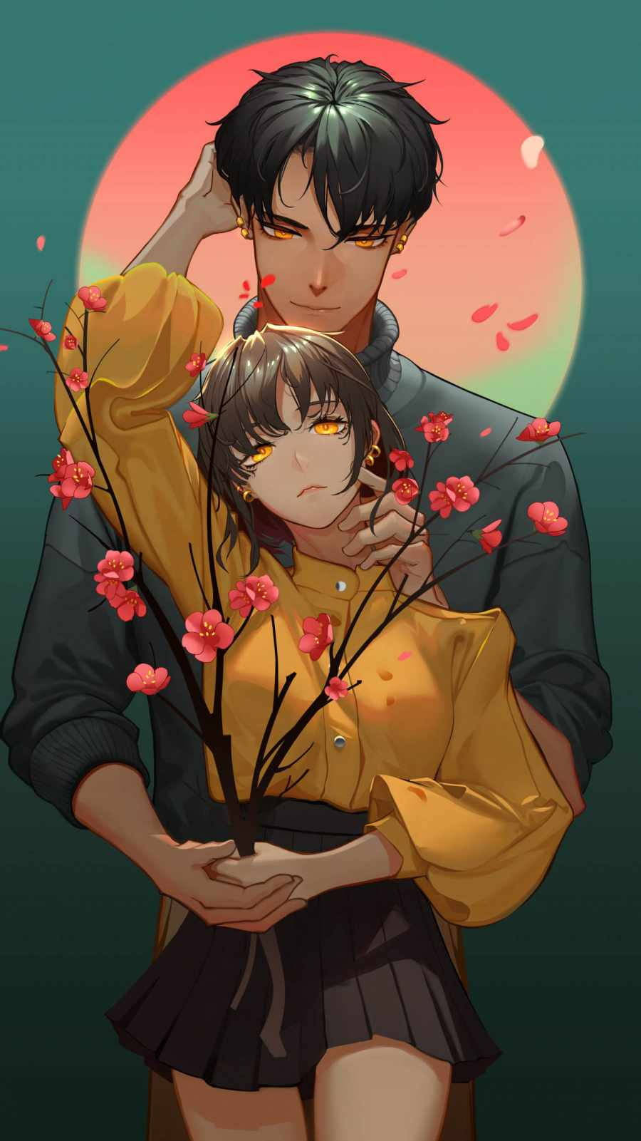 Passionate Aesthetic Anime Couple, glowing red sun, falling cherry blossoms, HD Phone Wallpaper