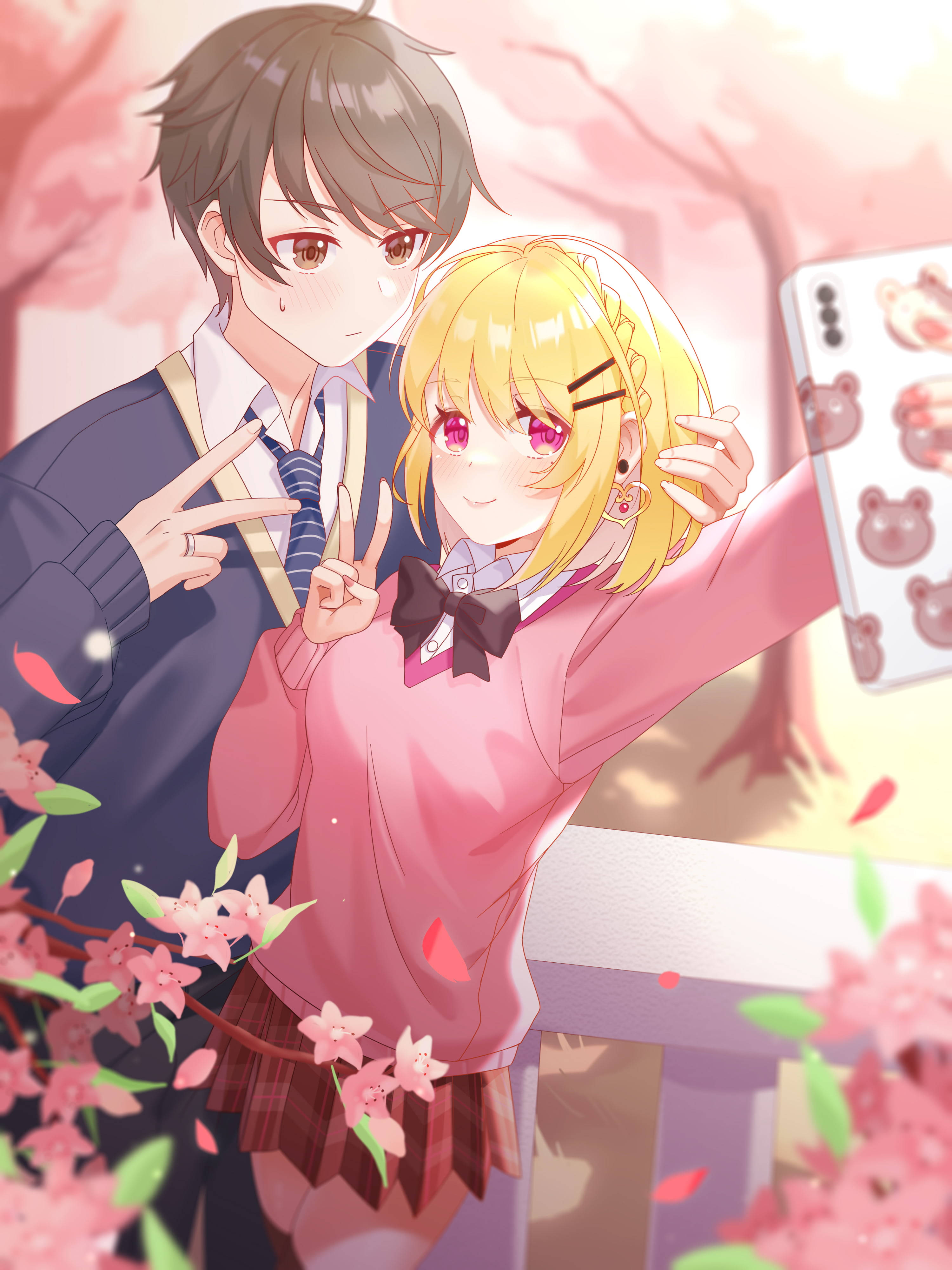 anime teens, school uniforms, blooming cherry blossoms, 4K Phone Wallpaper