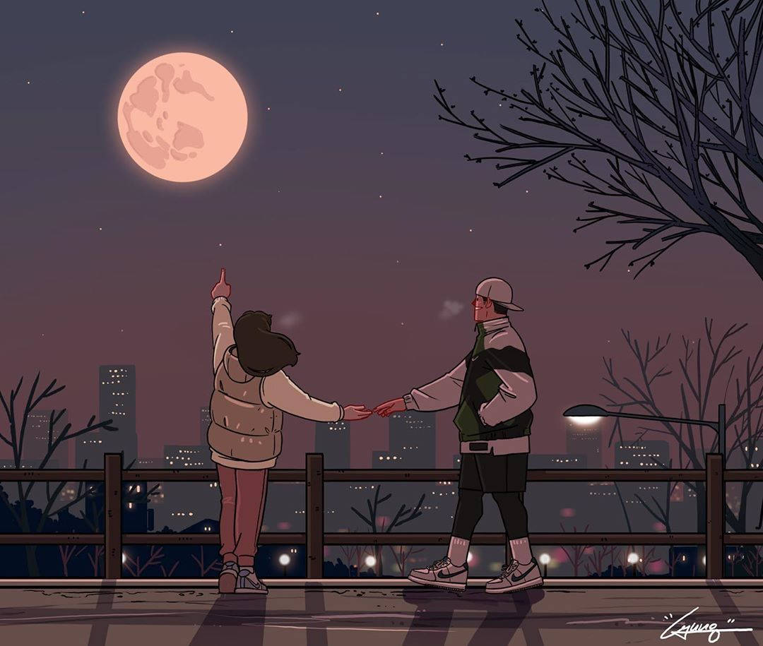 Aesthetic Anime Couple, city overlook, night, SD Desktop Wallpaper