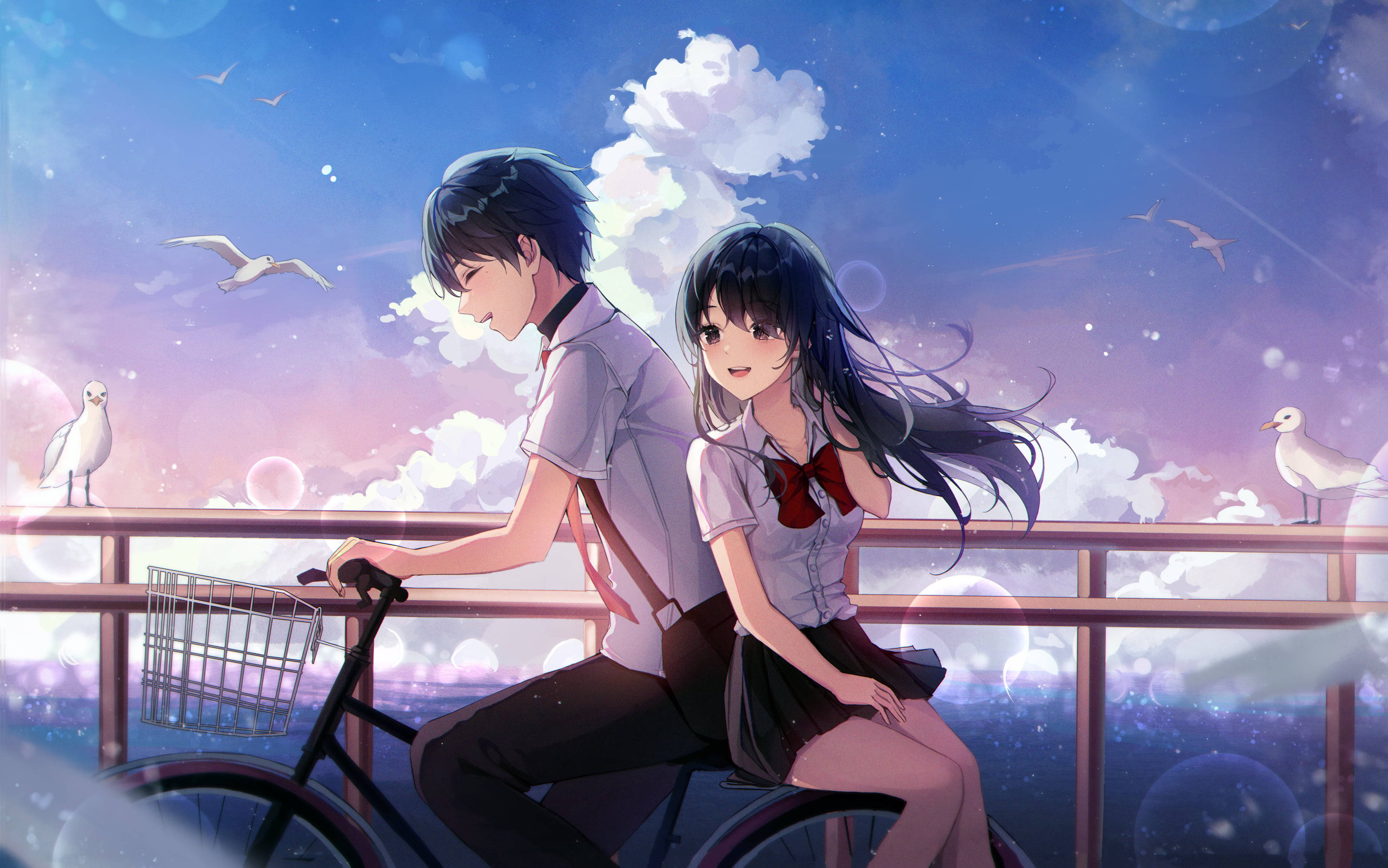 anime couple, school uniforms, bicycle, 2K Desktop Wallpaper